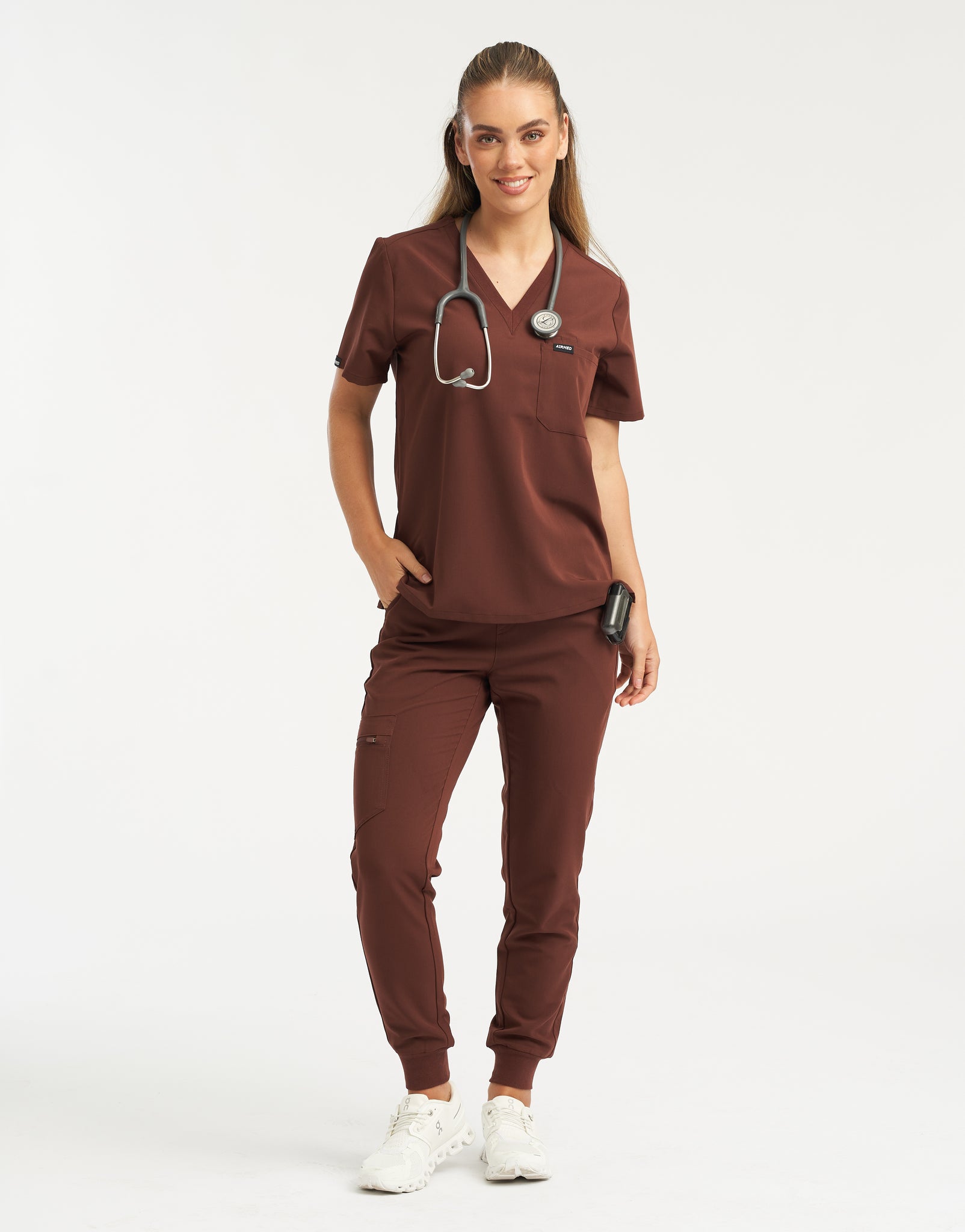 Essential One Pocket V Neck Scrub Top - Cocoa