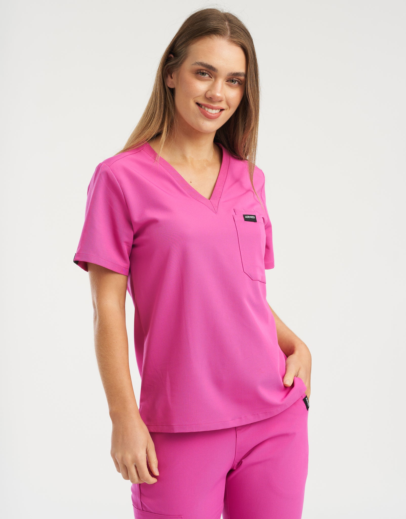 Essential One Pocket V Neck Scrub Top - Just Pink