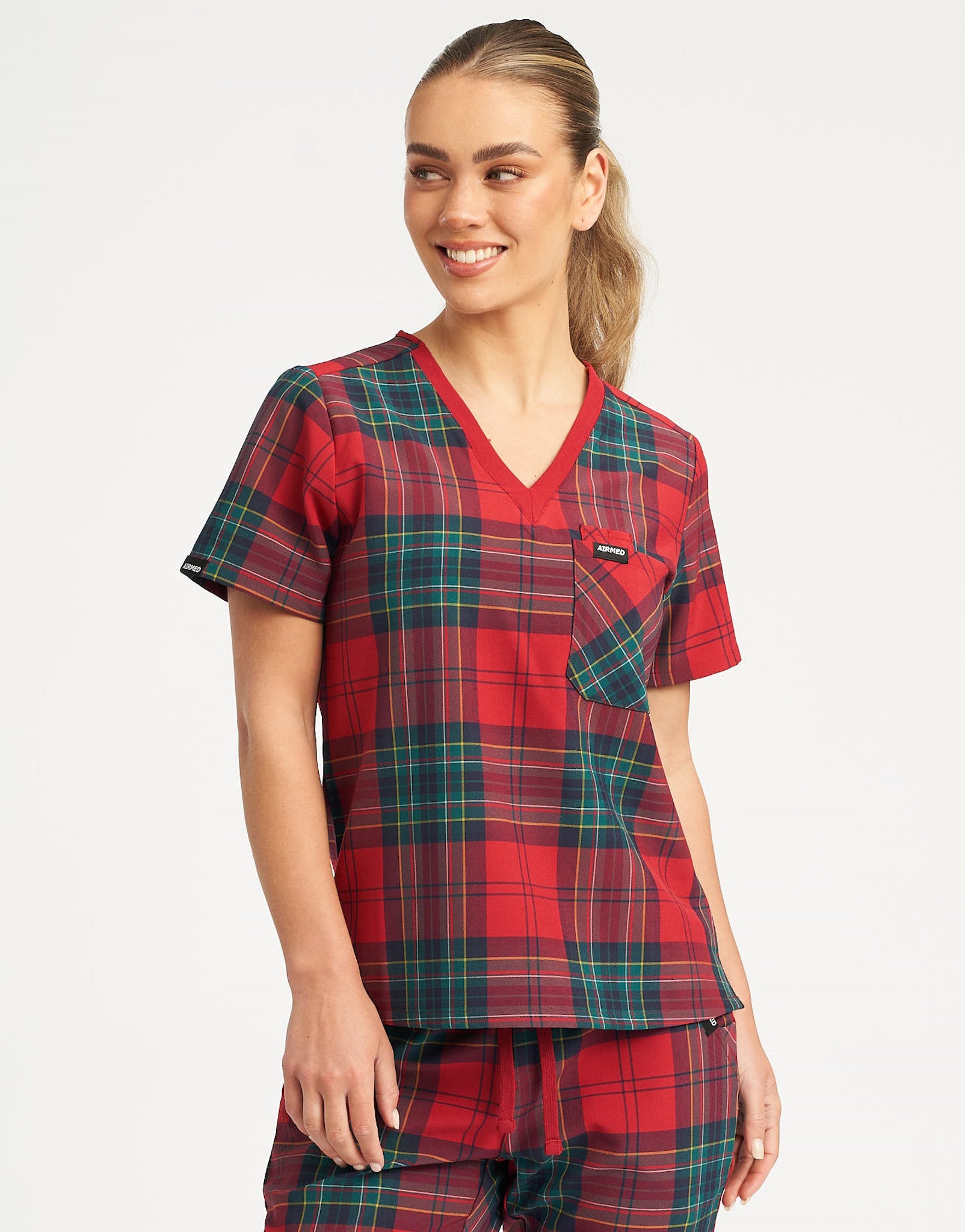 Essential One Pocket V Neck Scrub Top - Christmas Red Tartan