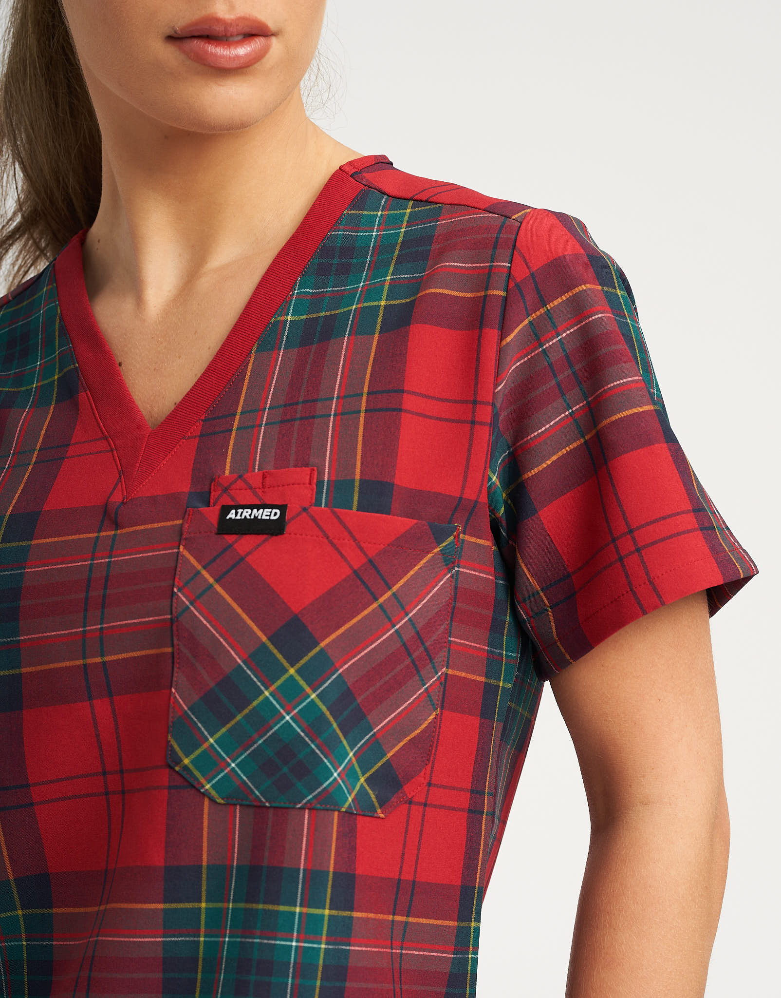 Essential One Pocket V Neck Scrub Top - Christmas Red Tartan