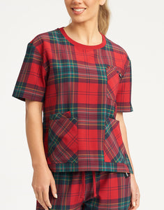 Essential Crewneck Scrub Top - Christmas Red Tartan