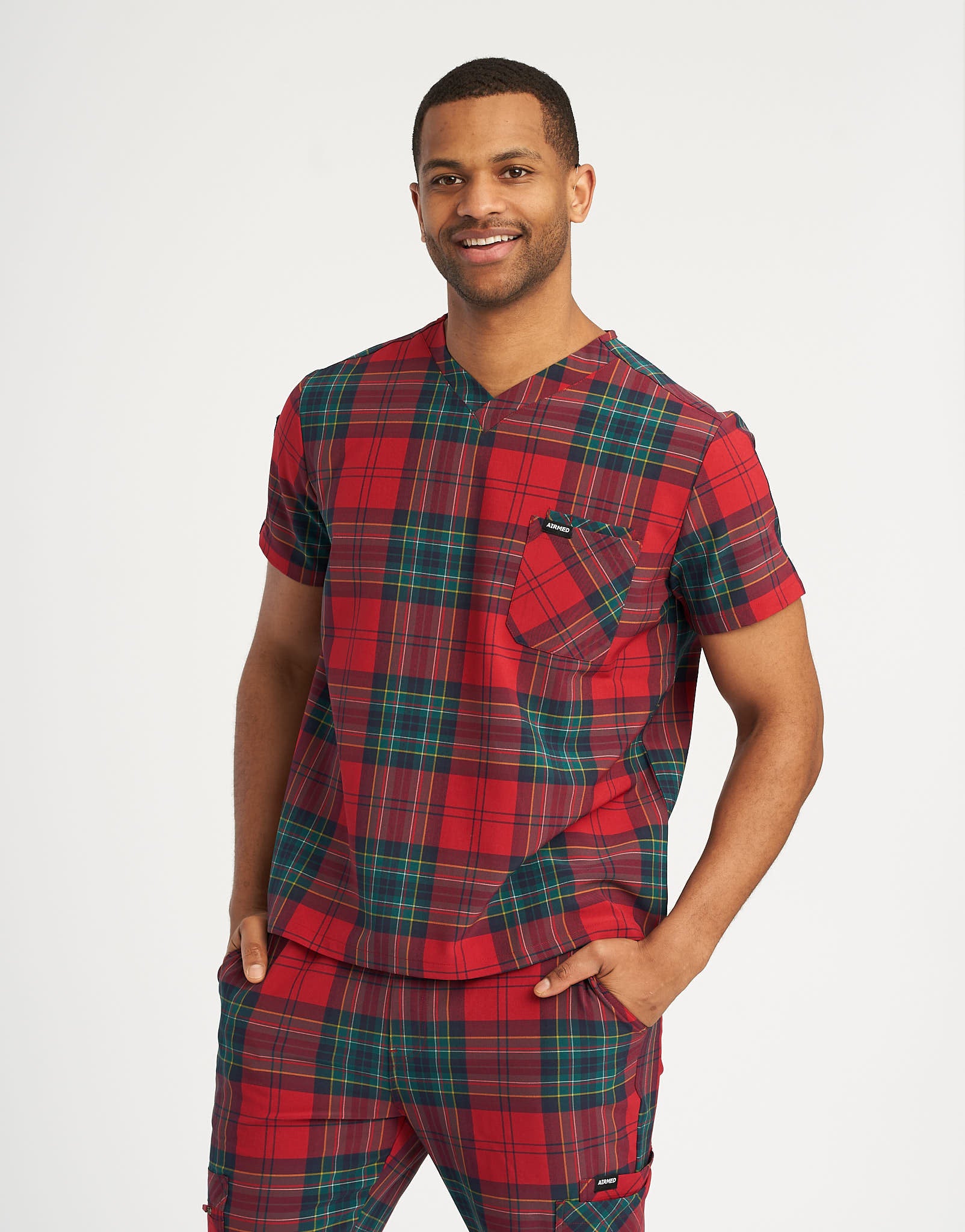 Essential V Neck Scrub Top - Christmas Red Tartan