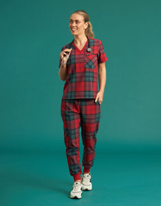 Essential One Pocket V Neck Scrub Top - Christmas Red Tartan