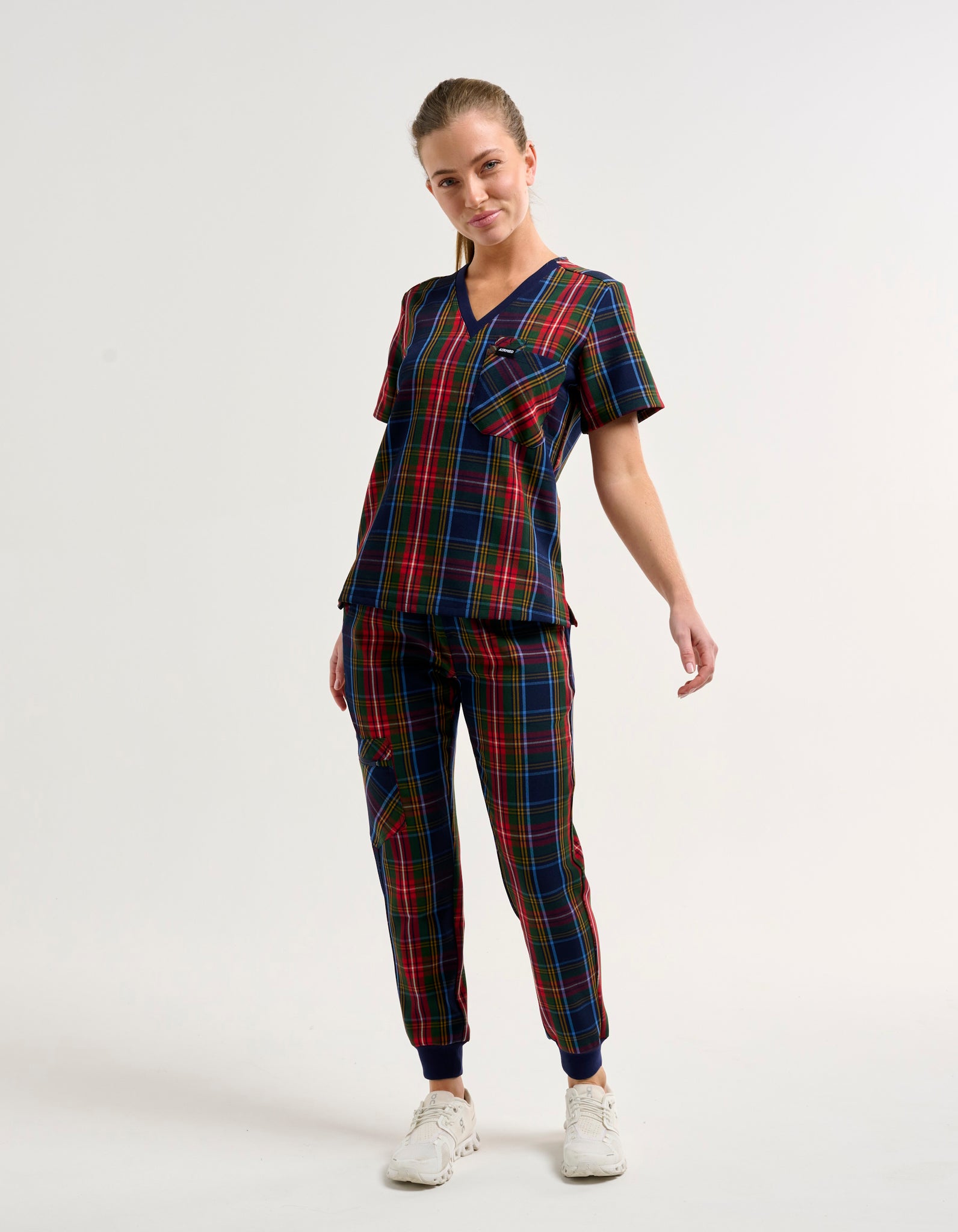 Essential One Pocket V Neck Scrub Top - Christmas Blue Tartan