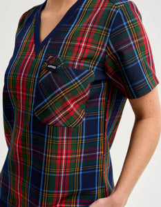 Essential One Pocket V Neck Scrub Top - Christmas Blue Tartan