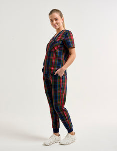 Essential One Pocket V Neck Scrub Top - Christmas Blue Tartan