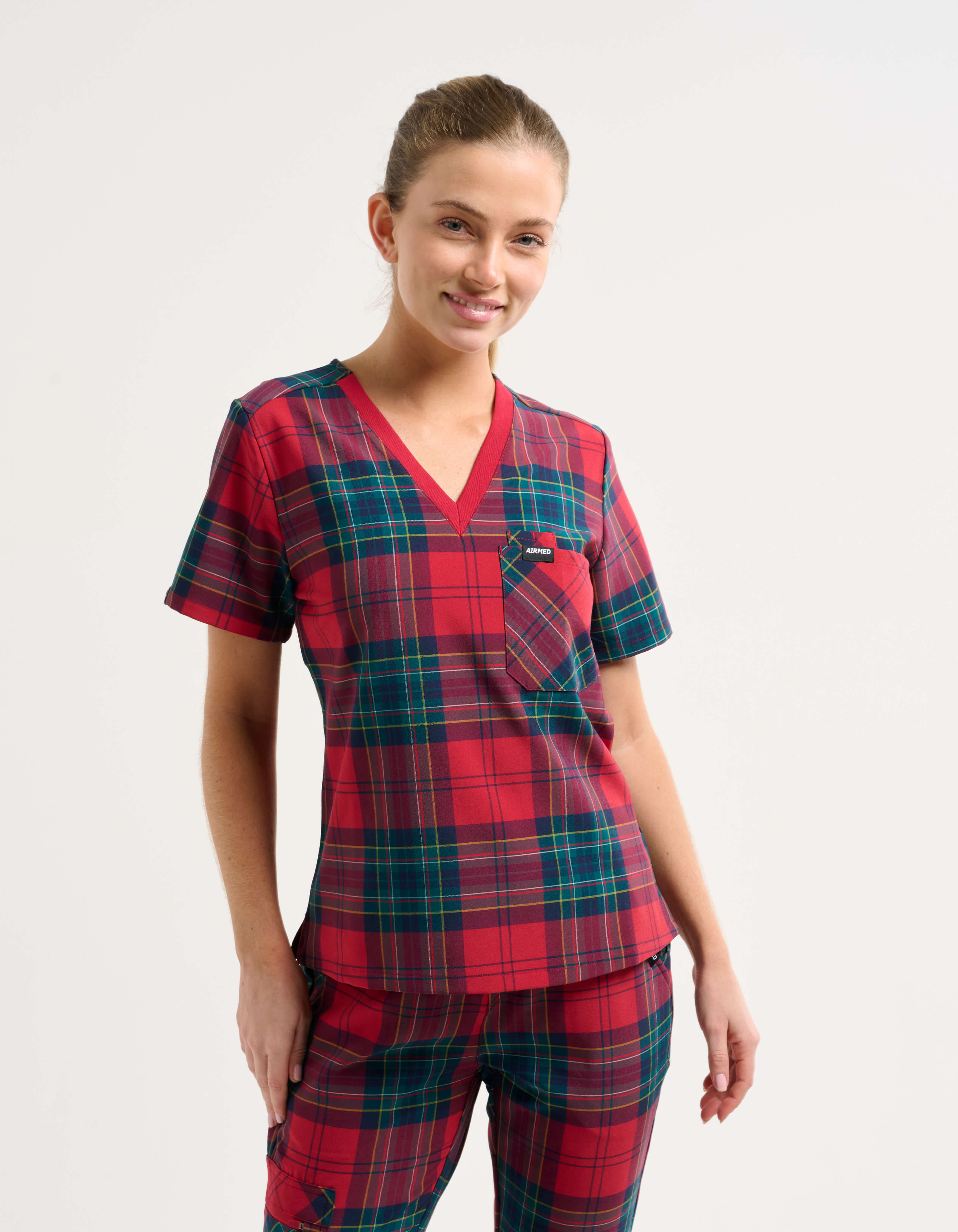 Essential One Pocket V Neck Scrub Top - Christmas Red Tartan