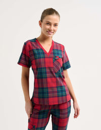 Essential One Pocket V Neck Scrub Top - Christmas Red Tartan