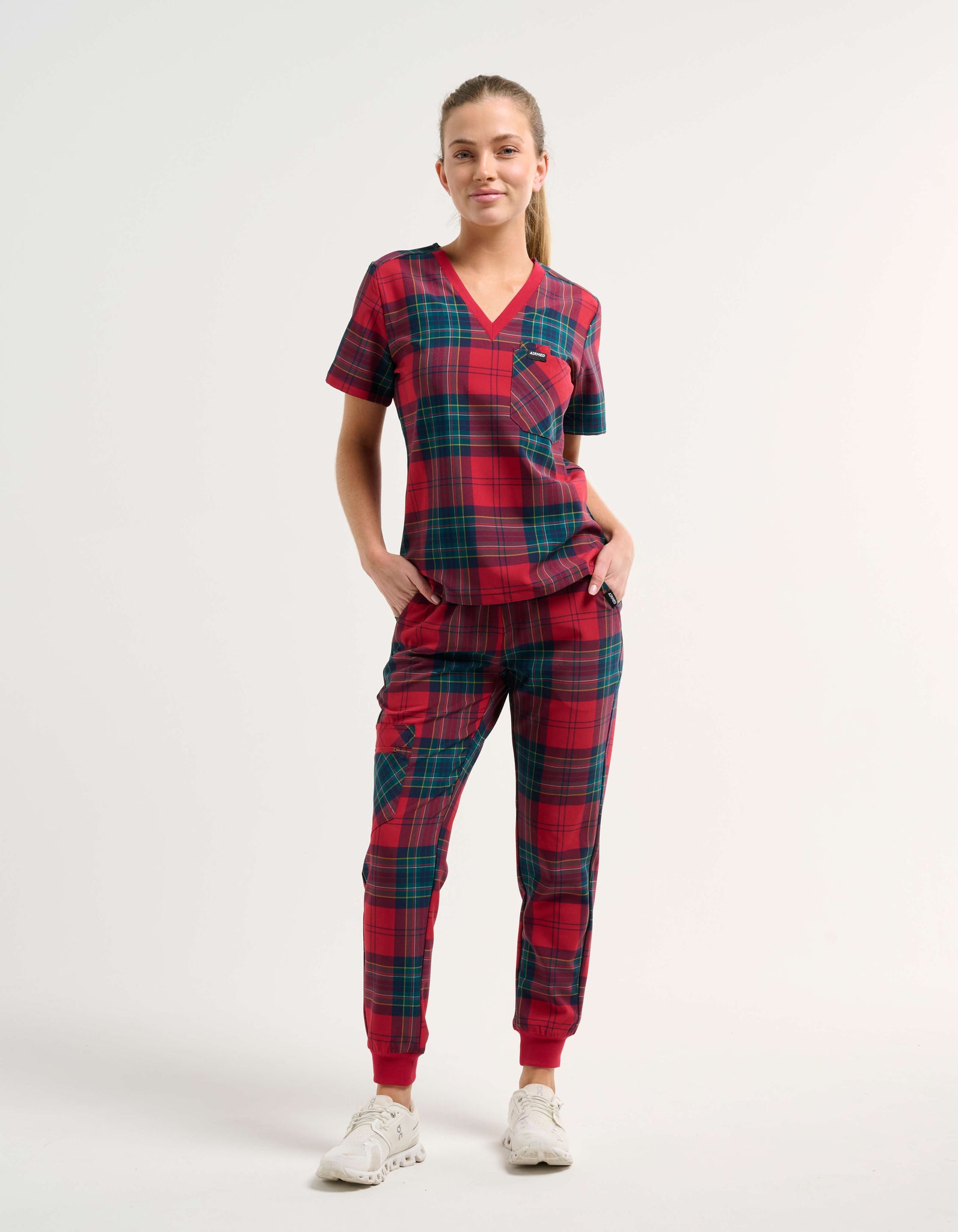Essential One Pocket V Neck Scrub Top - Christmas Red Tartan