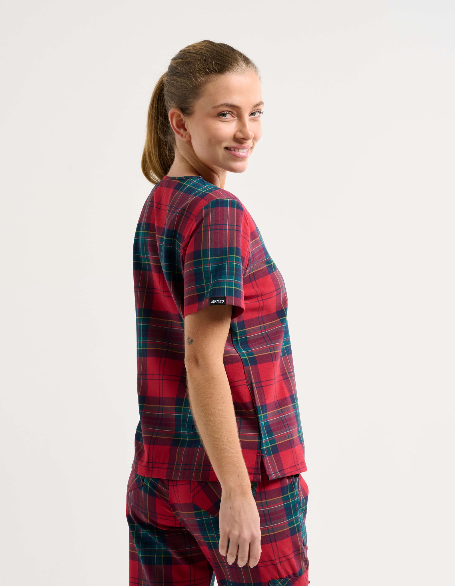 Essential One Pocket V Neck Scrub Top - Christmas Red Tartan
