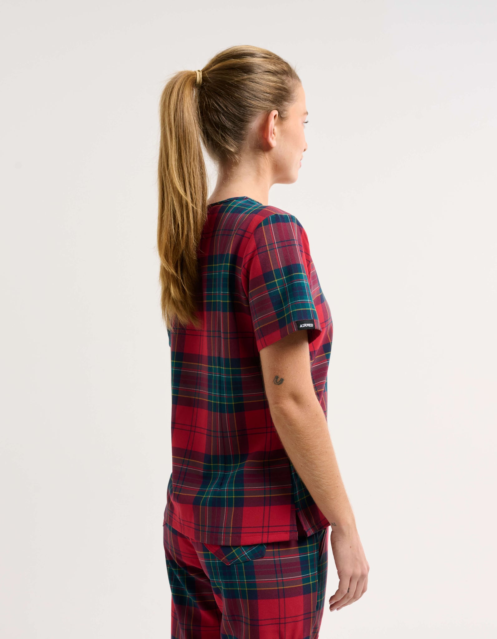 Essential One Pocket V Neck Scrub Top - Christmas Red Tartan