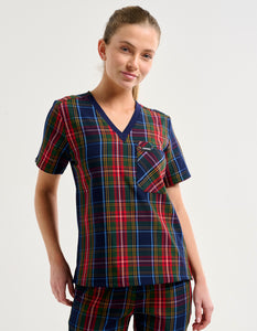 Essential One Pocket V Neck Scrub Top - Christmas Blue Tartan