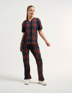 Essential V Neck Scrub Top - Christmas Blue Tartan