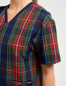 Essential V Neck Scrub Top - Christmas Blue Tartan