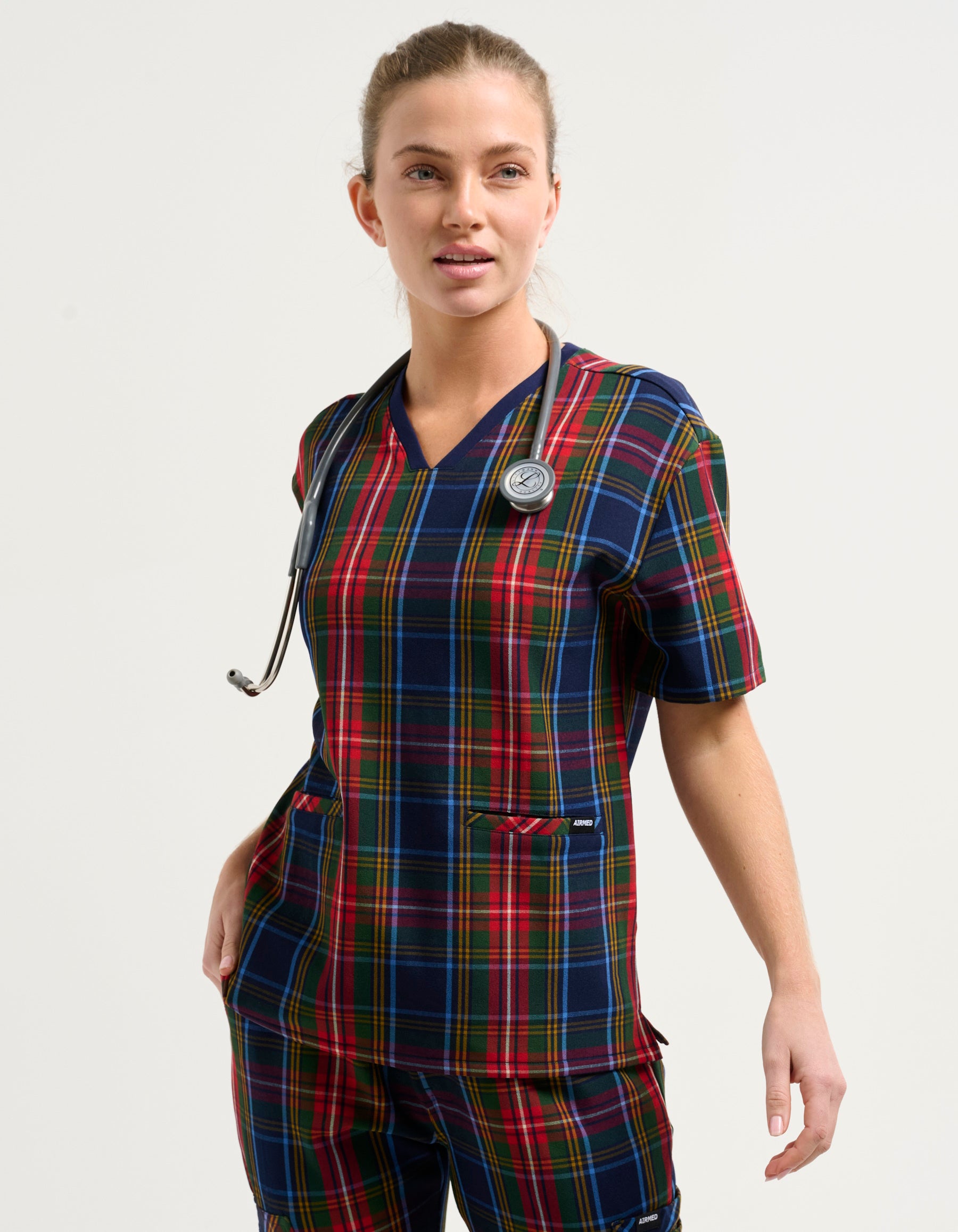 Essential V Neck Scrub Top - Christmas Blue Tartan