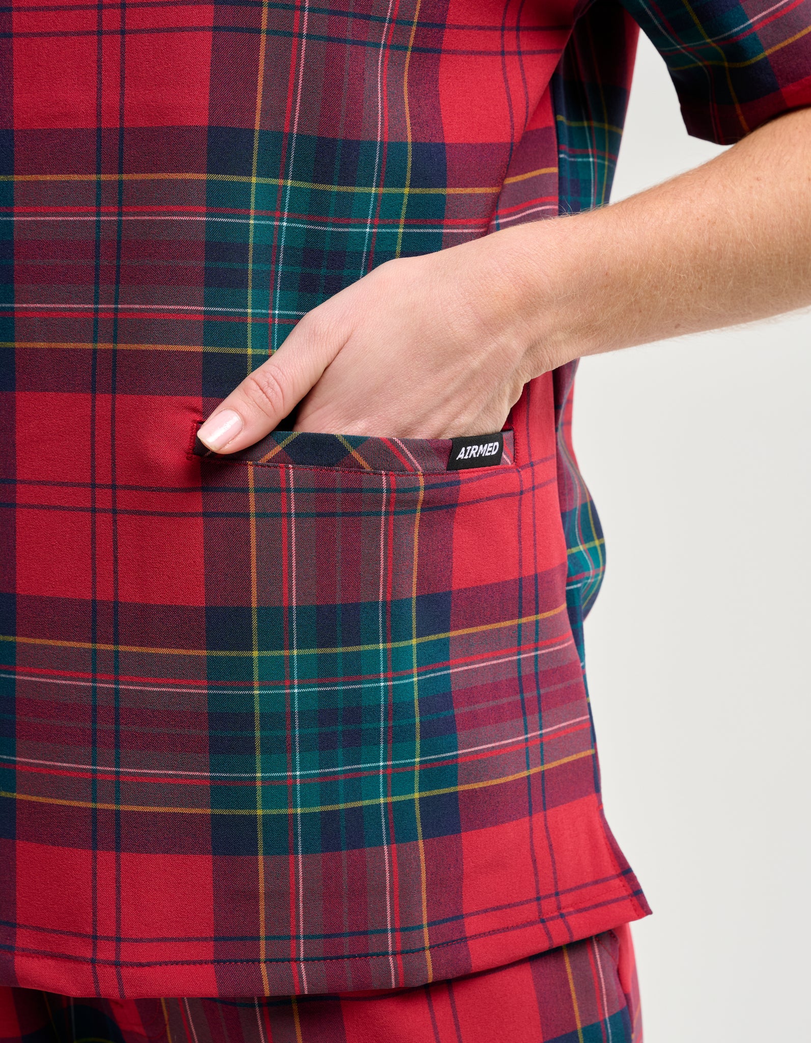 V Neck Top and Jogger Pants Set - Red Tartan and True Navy