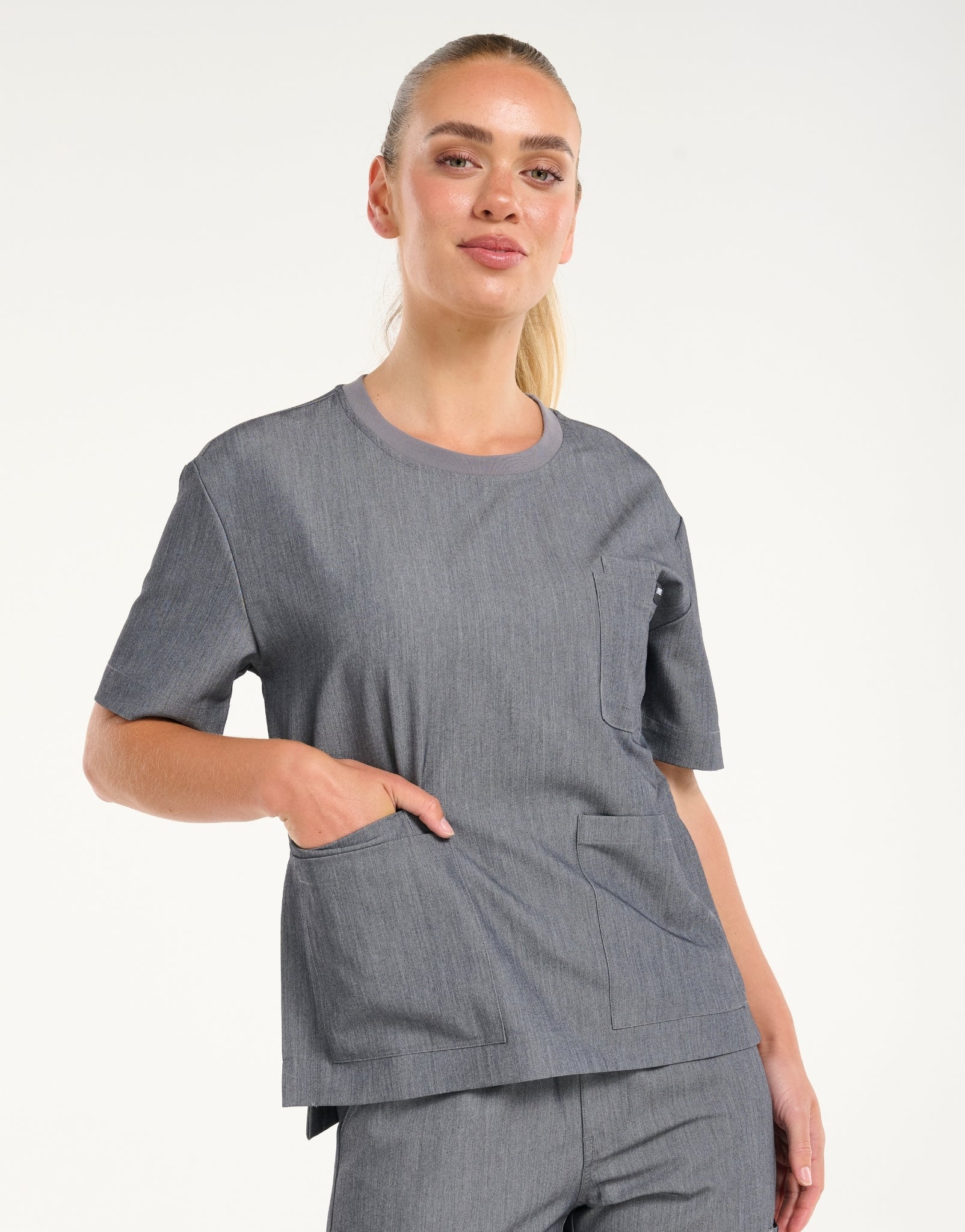 Essential Crewneck Scrub Top - Heather Grey