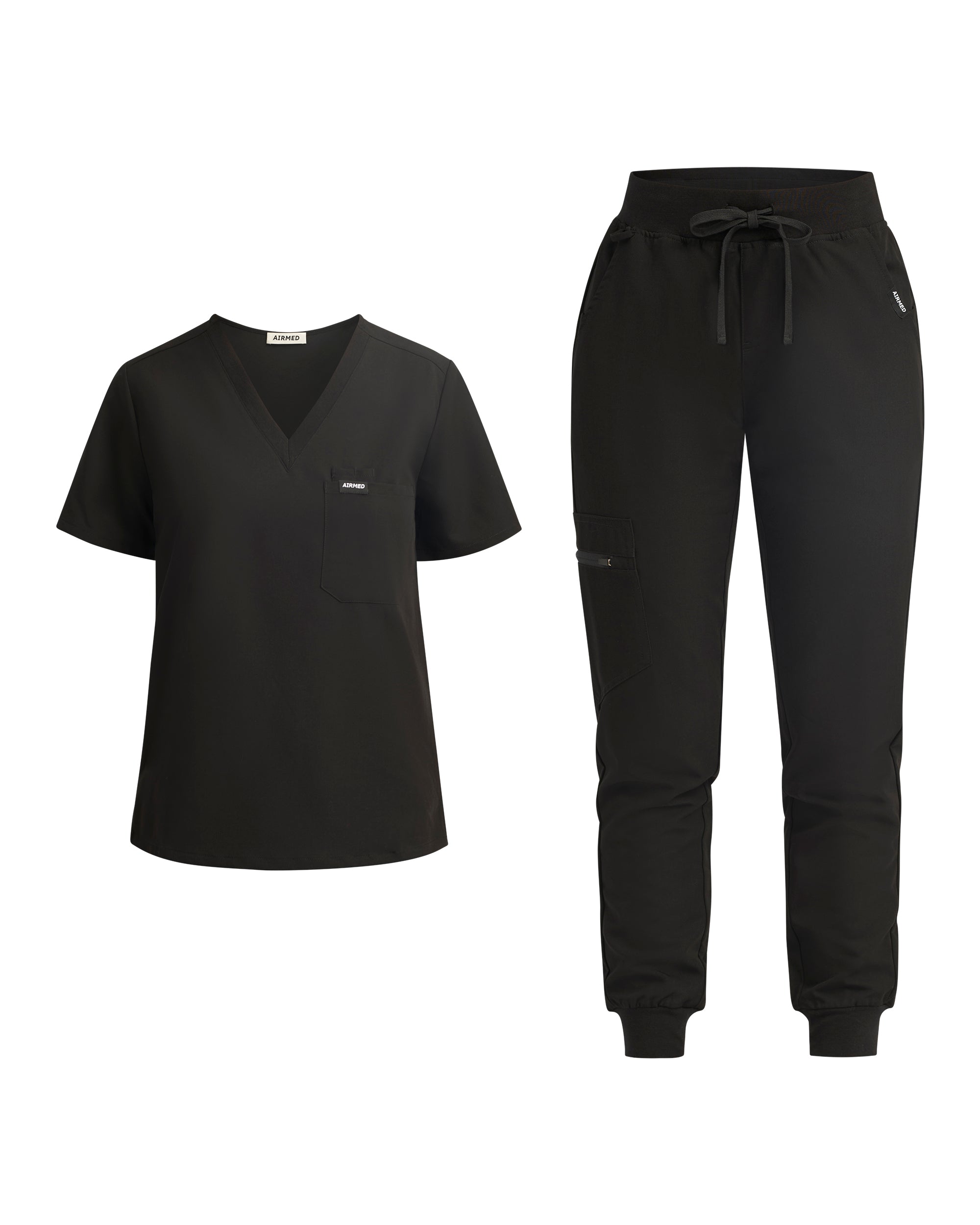 Black One Pocket V Neck and Scrub Jogger set