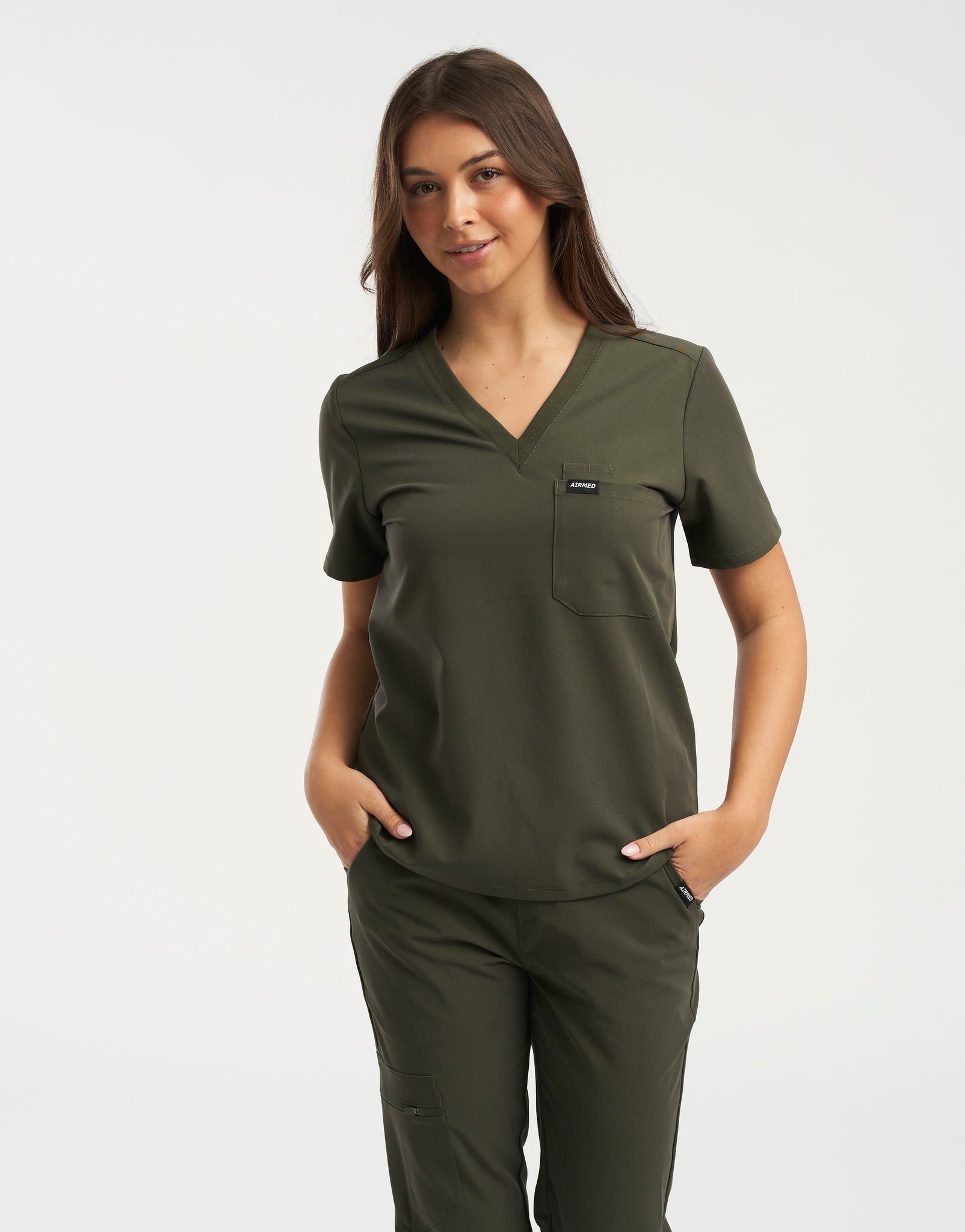 Essential One Pocket V Neck Scrub Top - Khaki Green