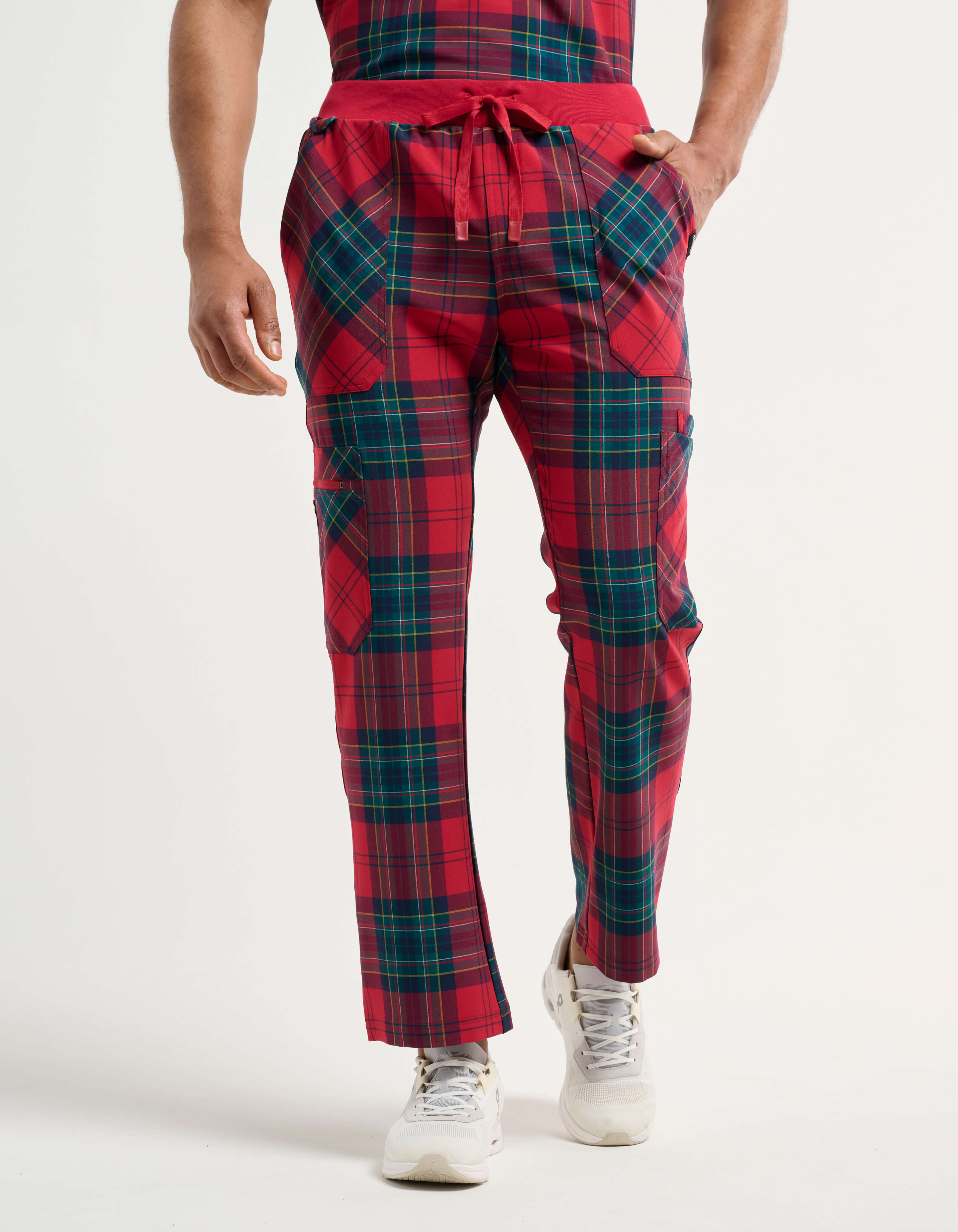 Essential Multi-Pocket Scrub Pants - Christmas Red Tartan