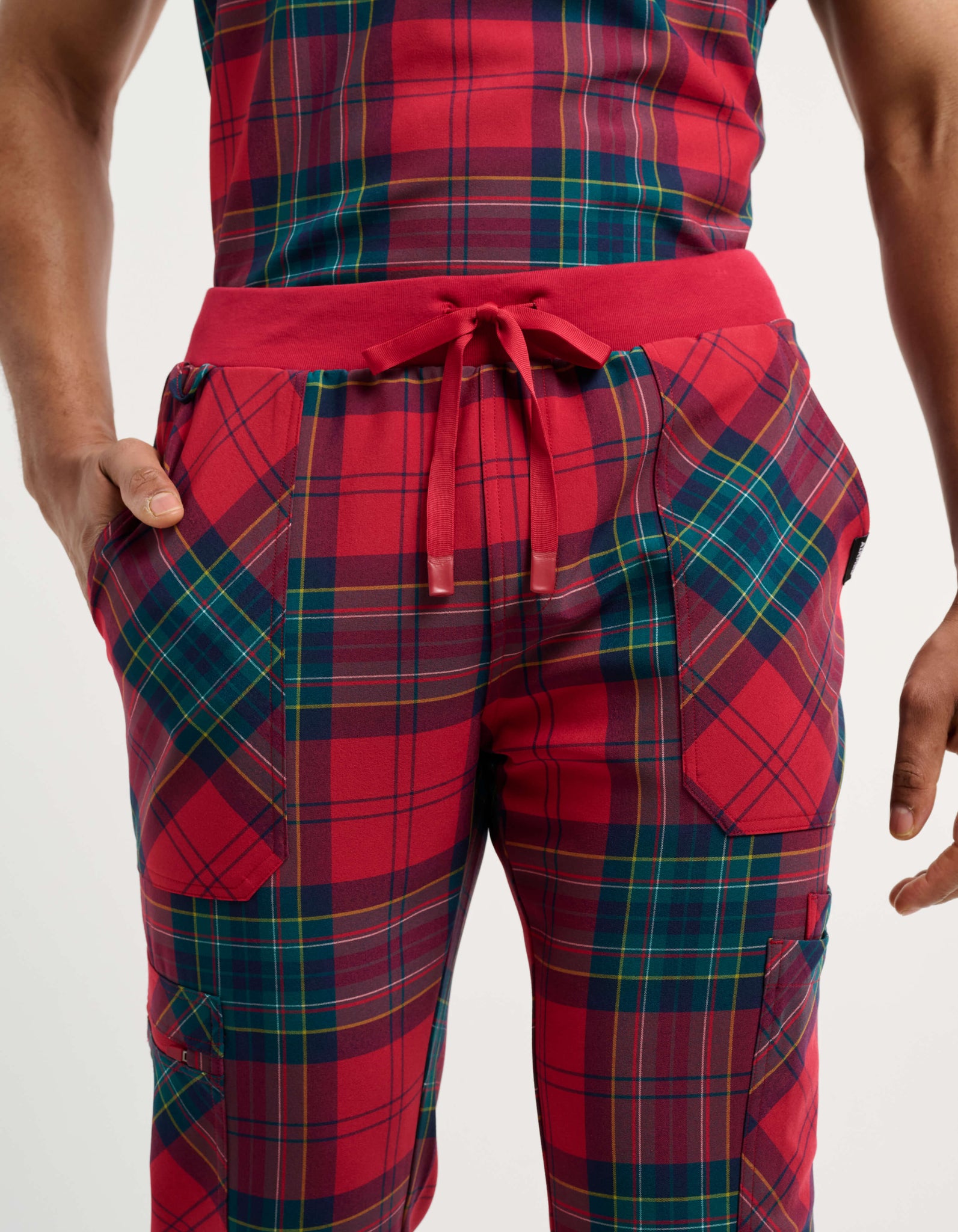 Essential Multi-Pocket Scrub Pants - Christmas Red Tartan