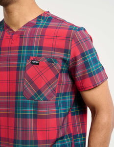 Essential V Neck Scrub Top - Christmas Red Tartan