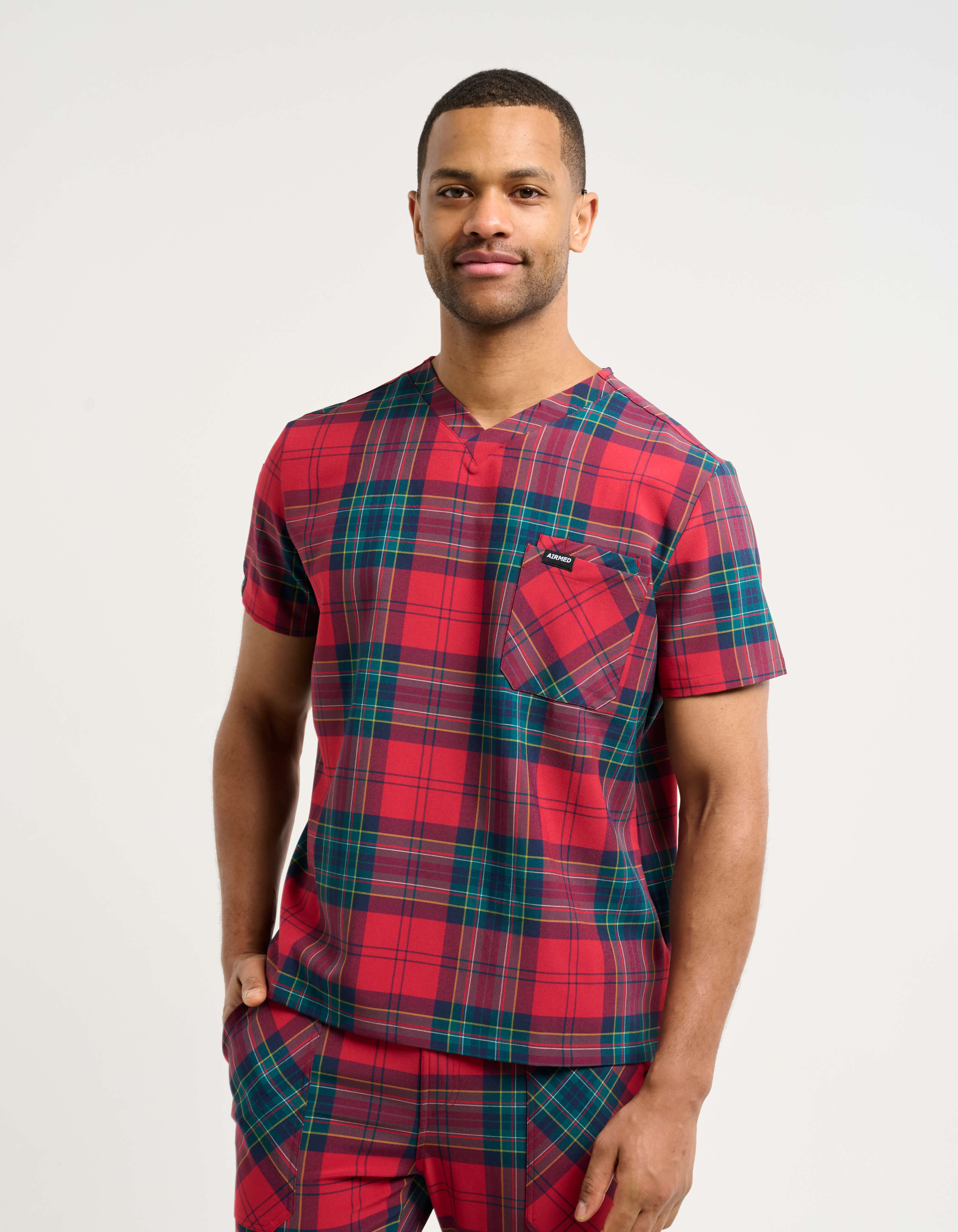 Essential V Neck Scrub Top - Christmas Red Tartan