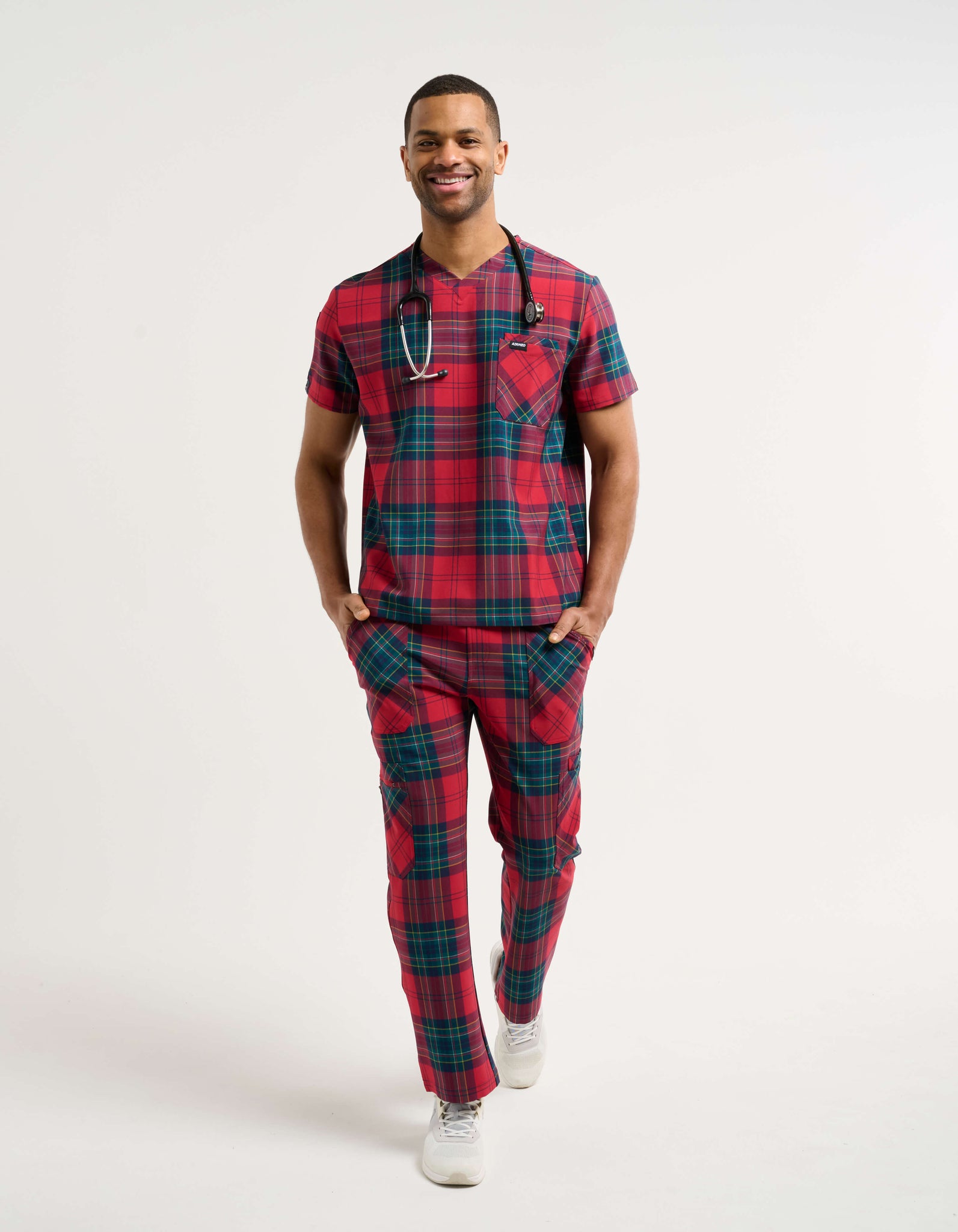 Essential V Neck Scrub Top - Christmas Red Tartan