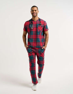 Essential V Neck Scrub Top - Christmas Red Tartan