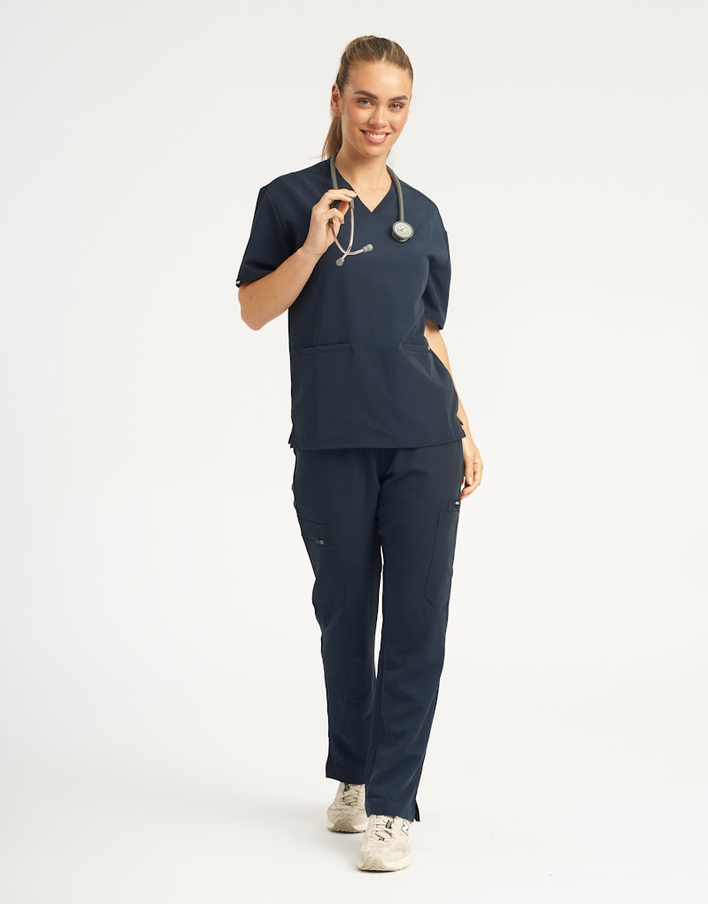 Midnight Navy V Neck Top and Multi-Pocket Scrub Pants Set