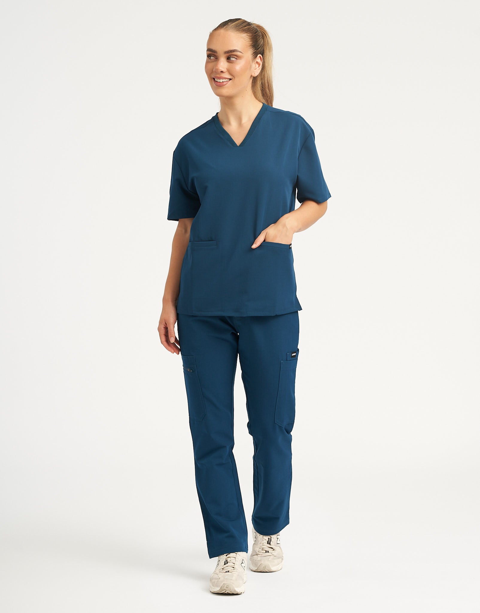 Gibraltar Blue V Neck Top and Multi-Pocket Scrub Pants Set