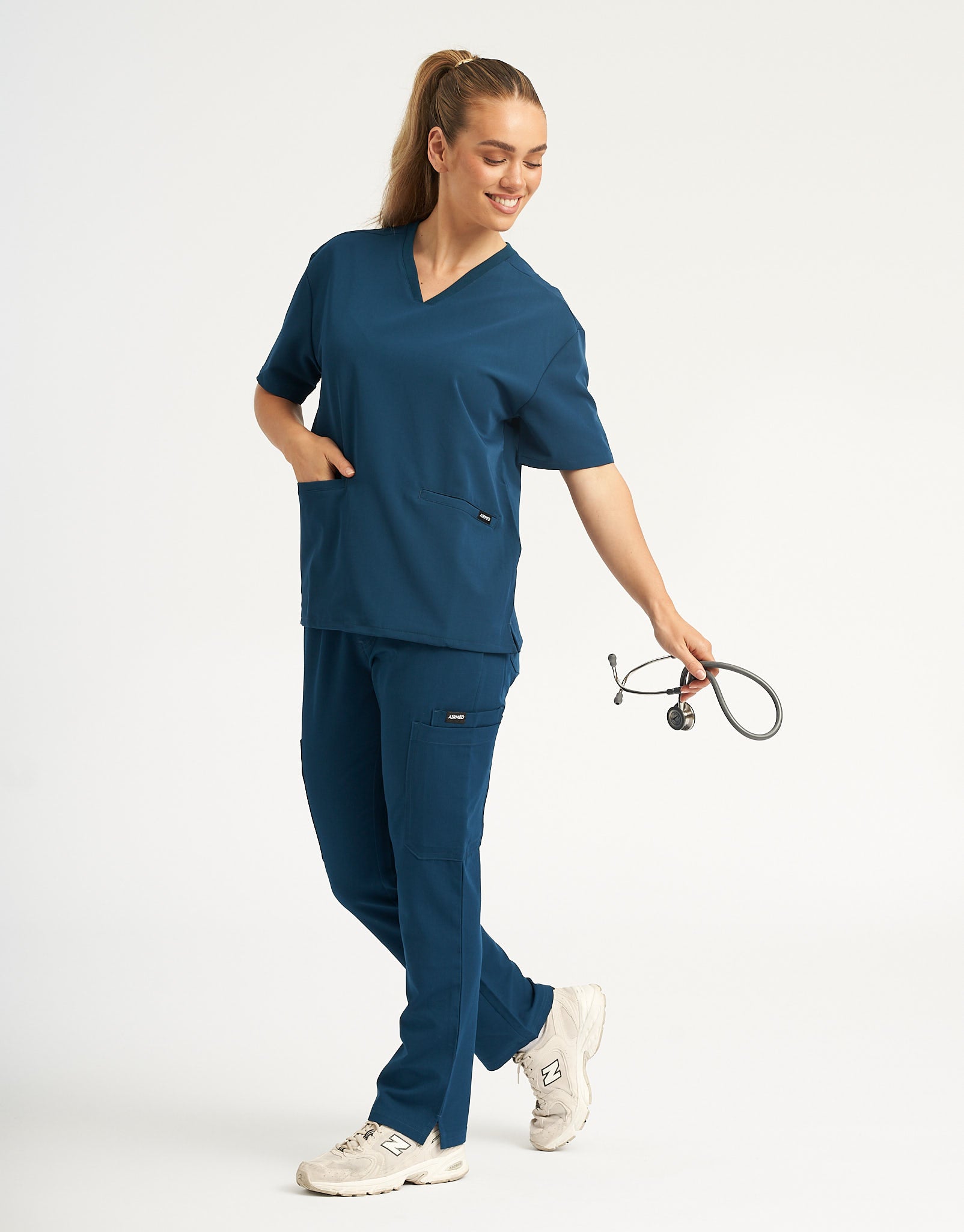 Gibraltar Blue V Neck Top and Multi-Pocket Scrub Pants Set