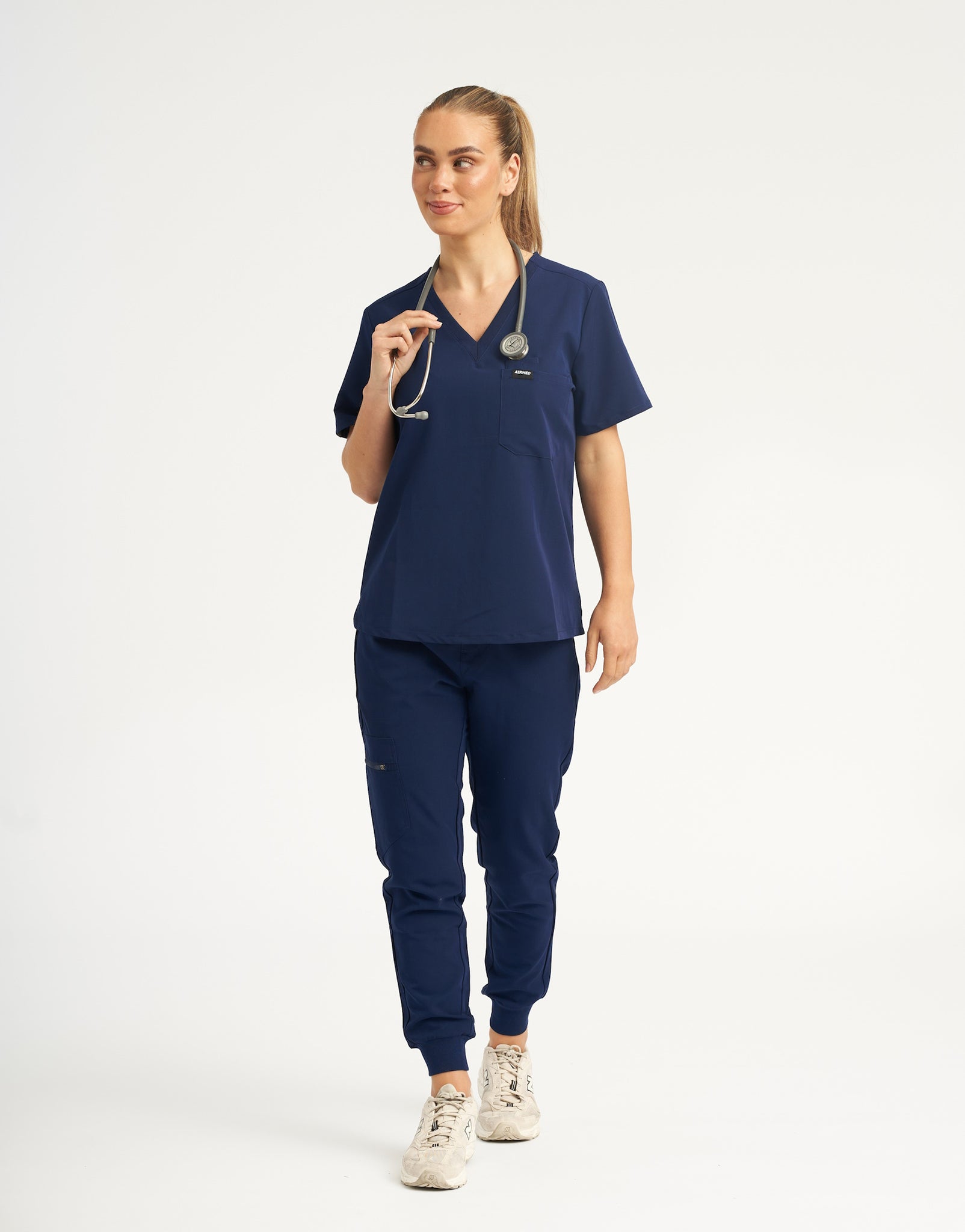 True Navy One Pocket V Neck and Scrub Jogger Set