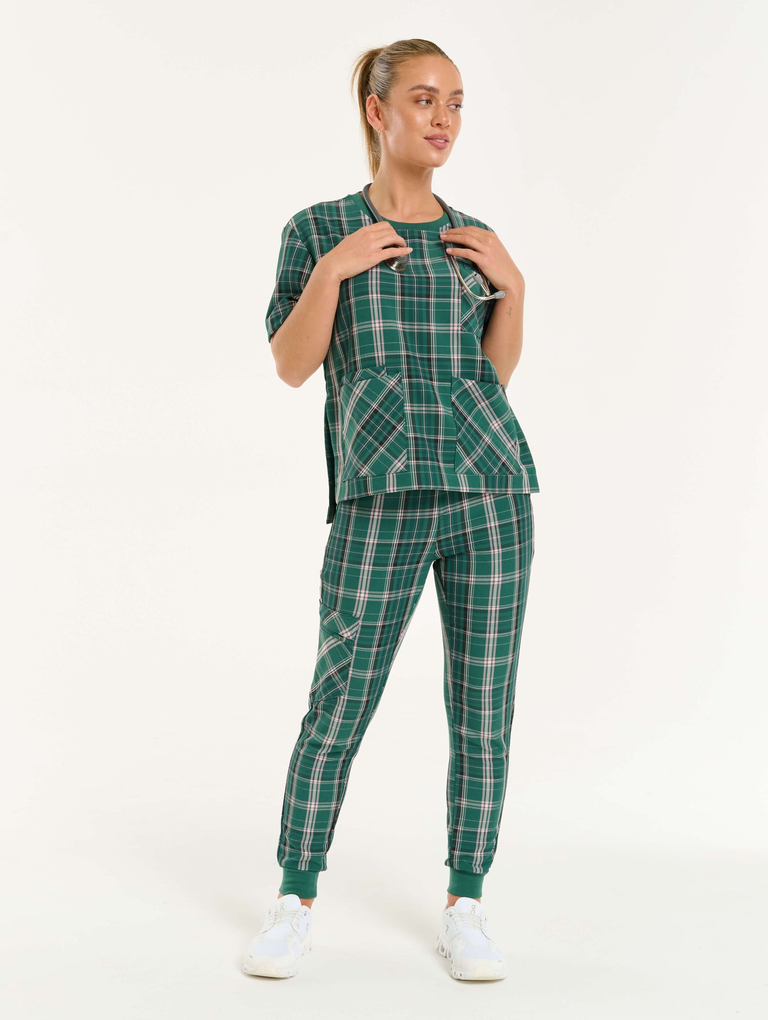 Essential Crewneck Scrub Top - Pink & Green Tartan