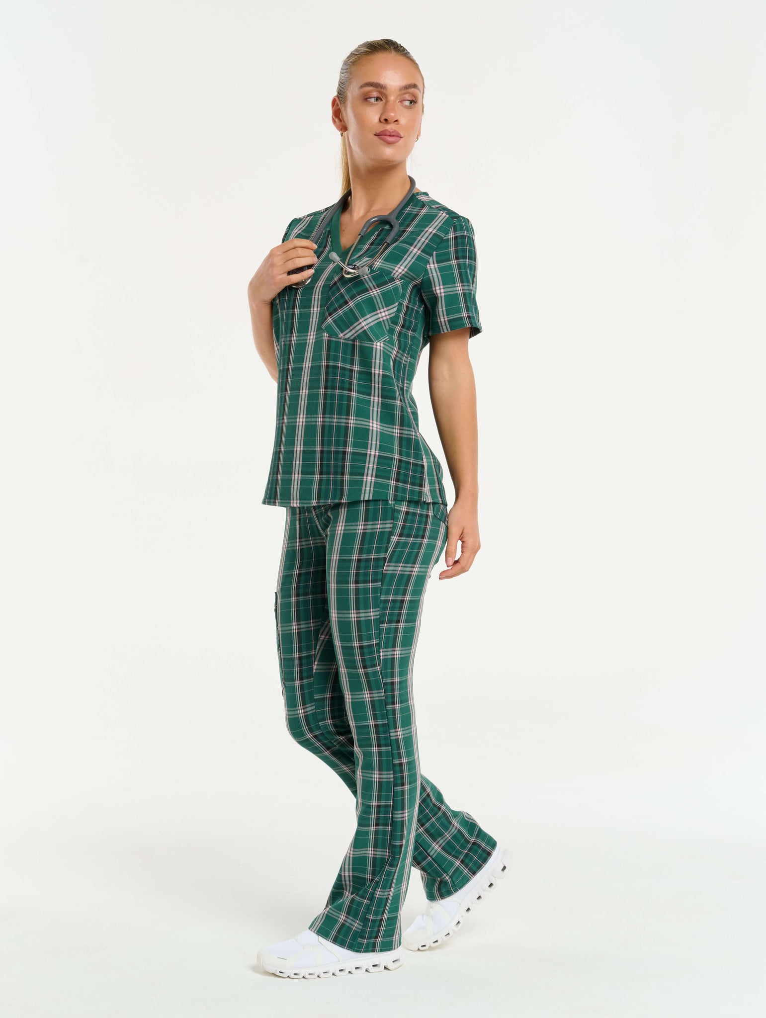 Essential Flare Scrub Pants - Pink & Green Tartan