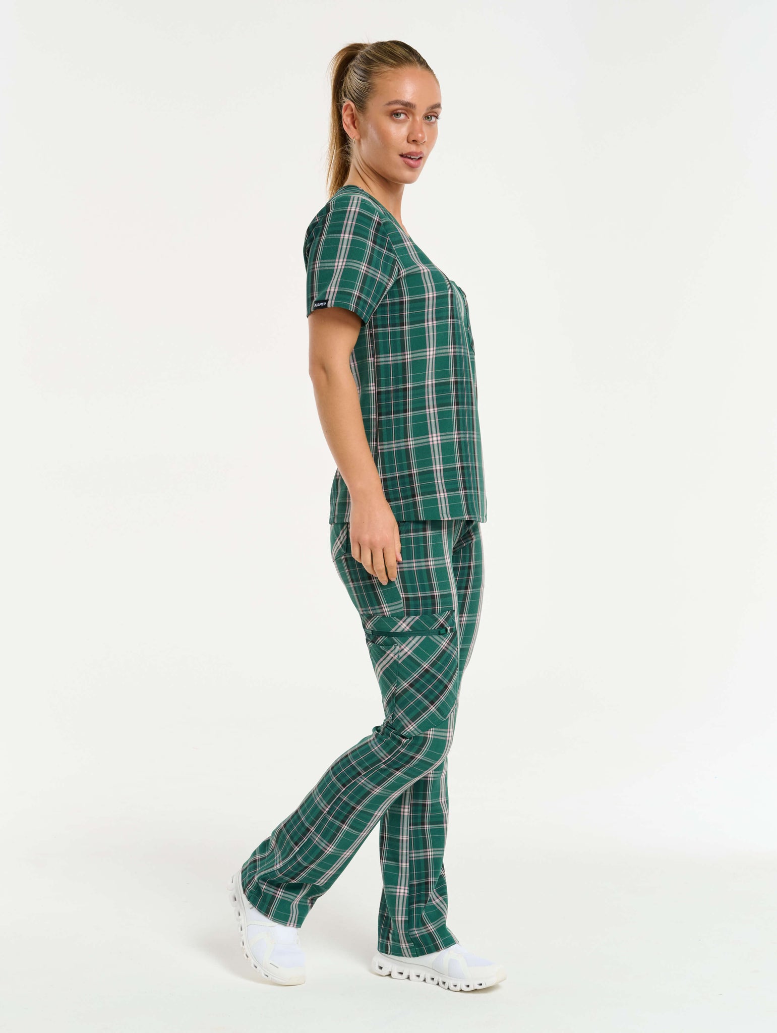 Essential Flare Scrub Pants - Pink & Green Tartan