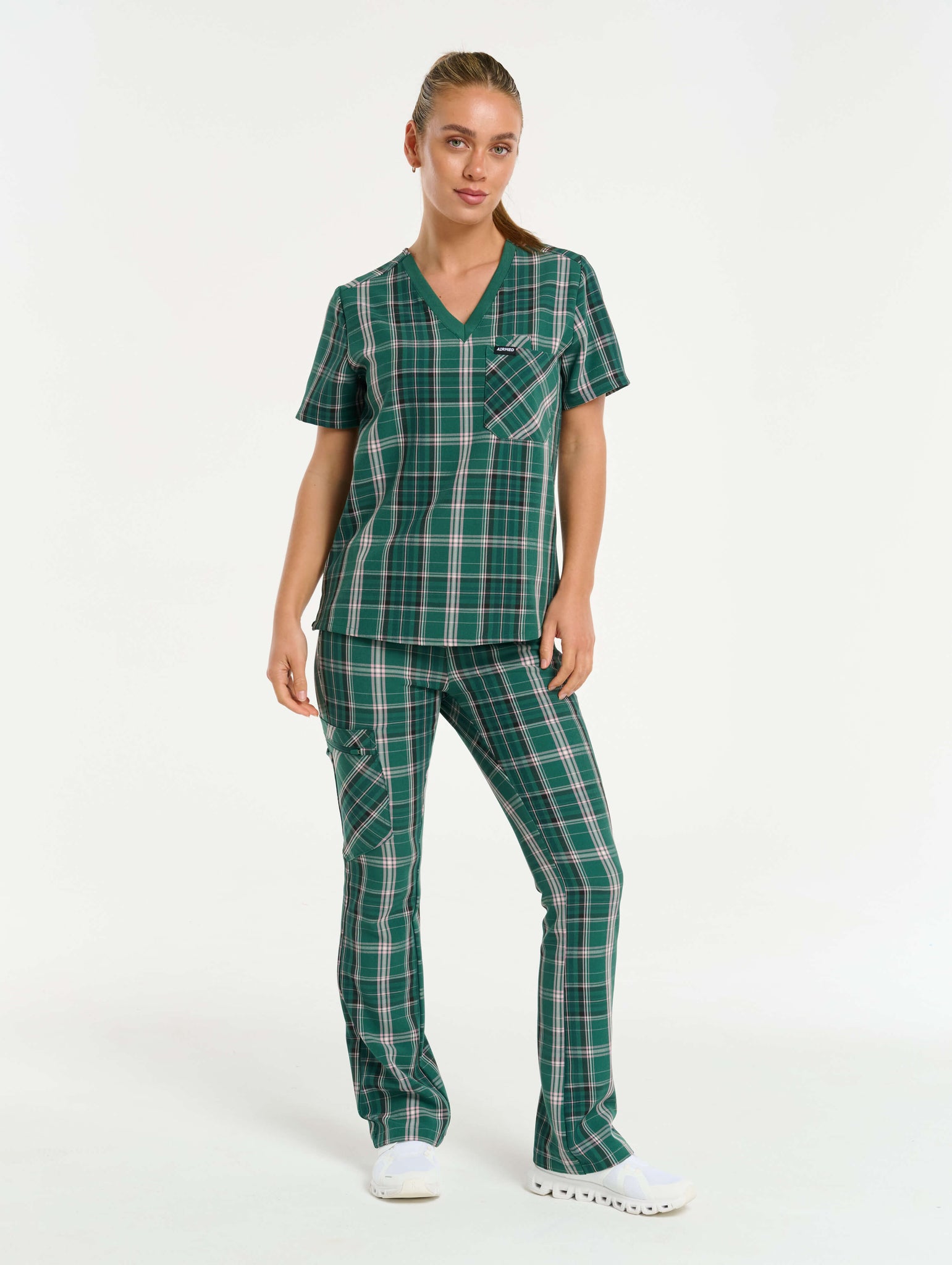 Essential One Pocket V Neck Scrub Top - Pink & Green Tartan