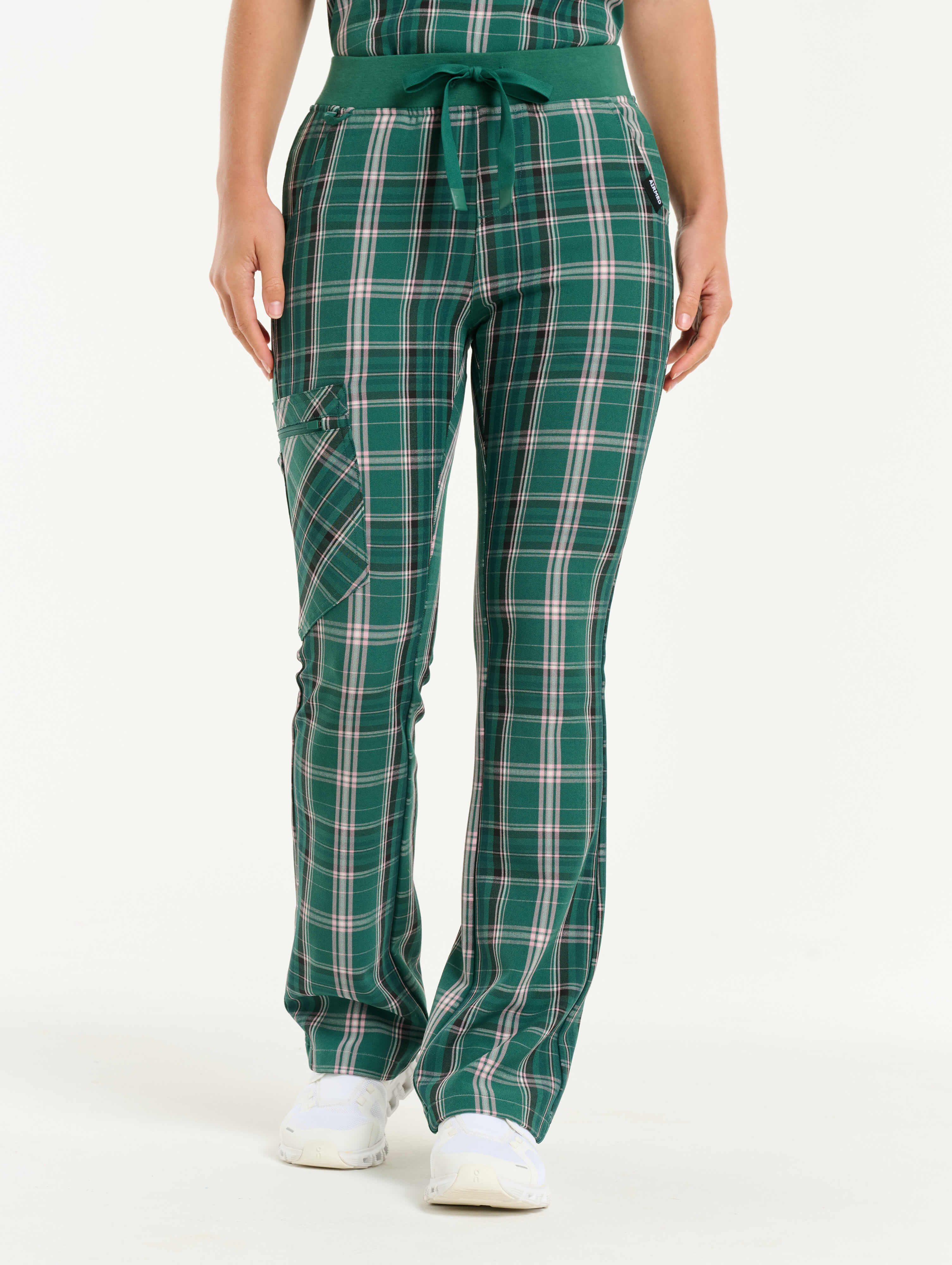 Essential Flare Scrub Pants - Pink & Green Tartan