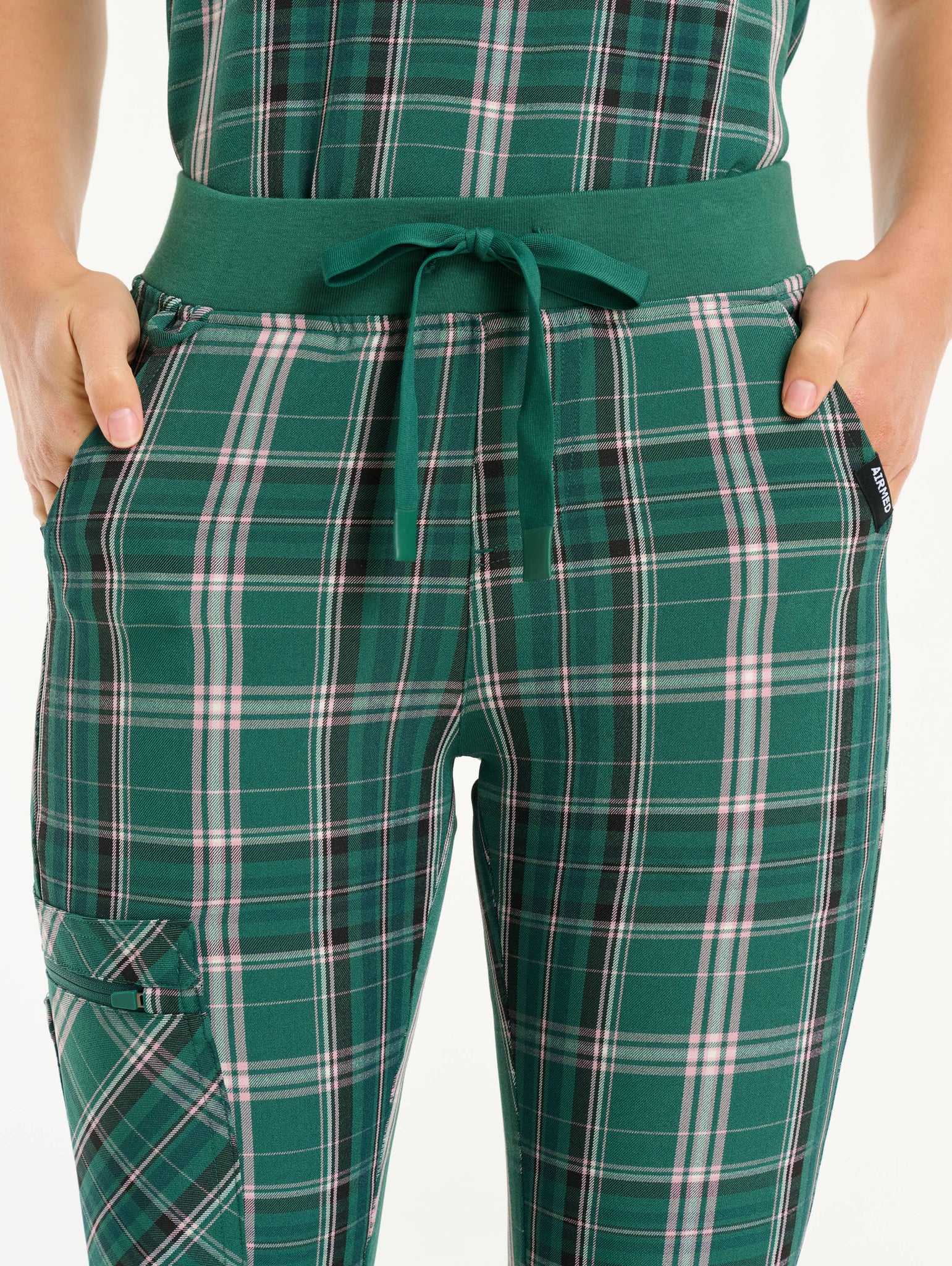 Essential Flare Scrub Pants - Pink & Green Tartan