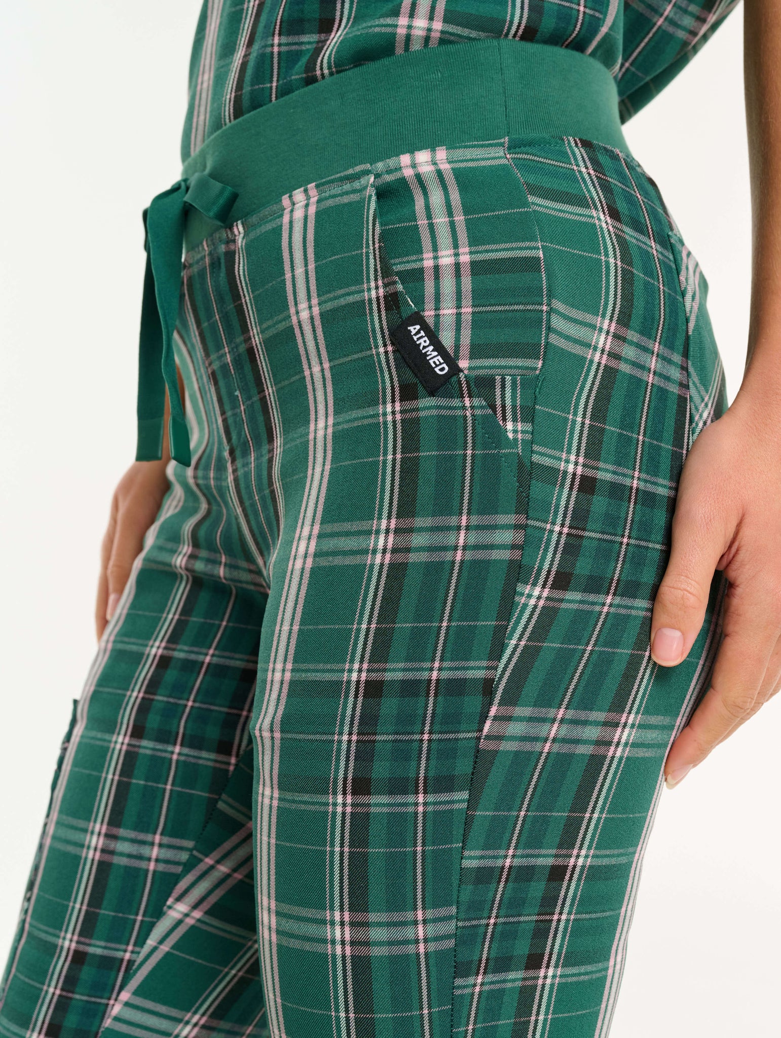 Essential Flare Scrub Pants - Pink & Green Tartan