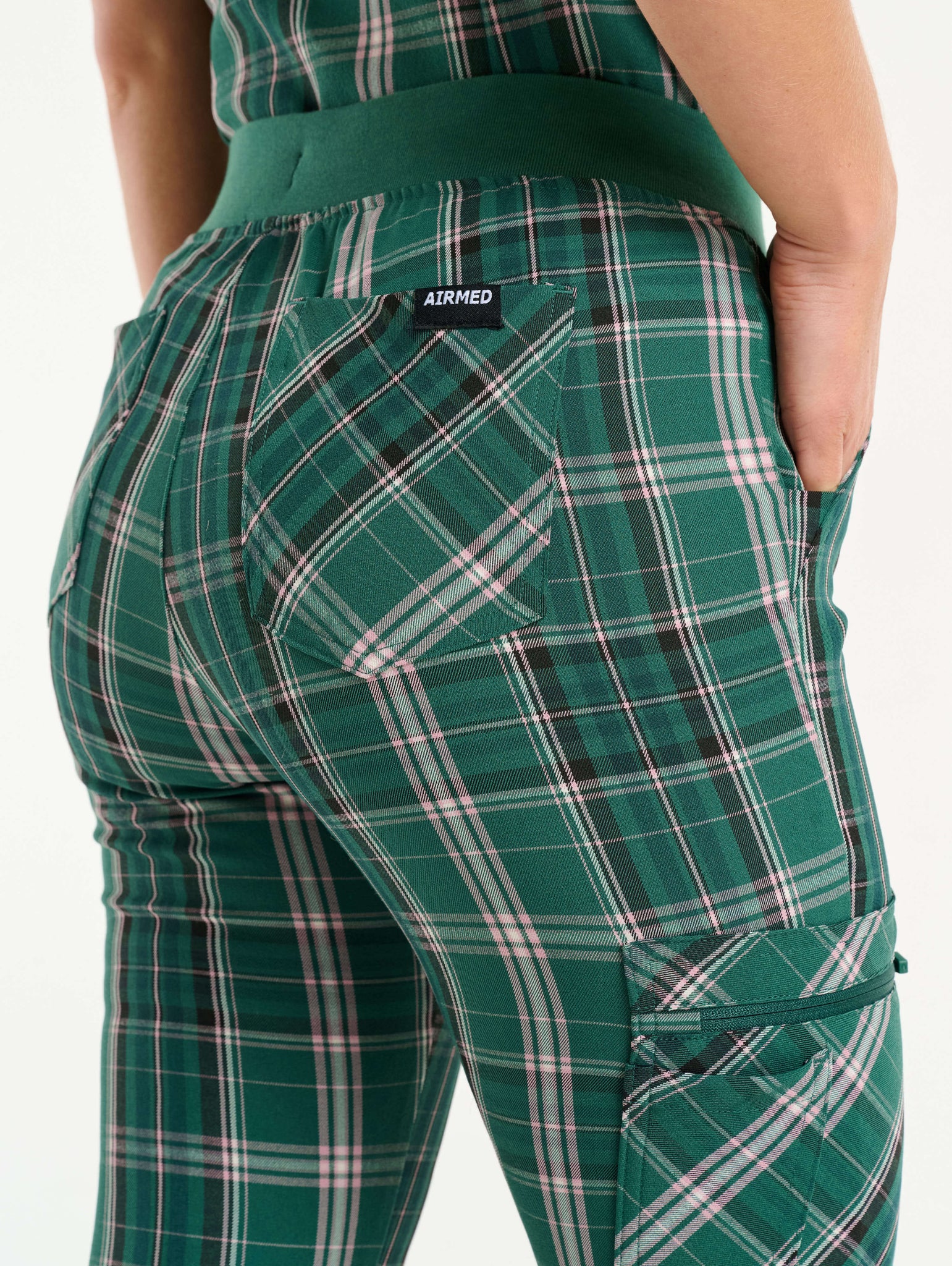 Essential Flare Scrub Pants - Pink & Green Tartan