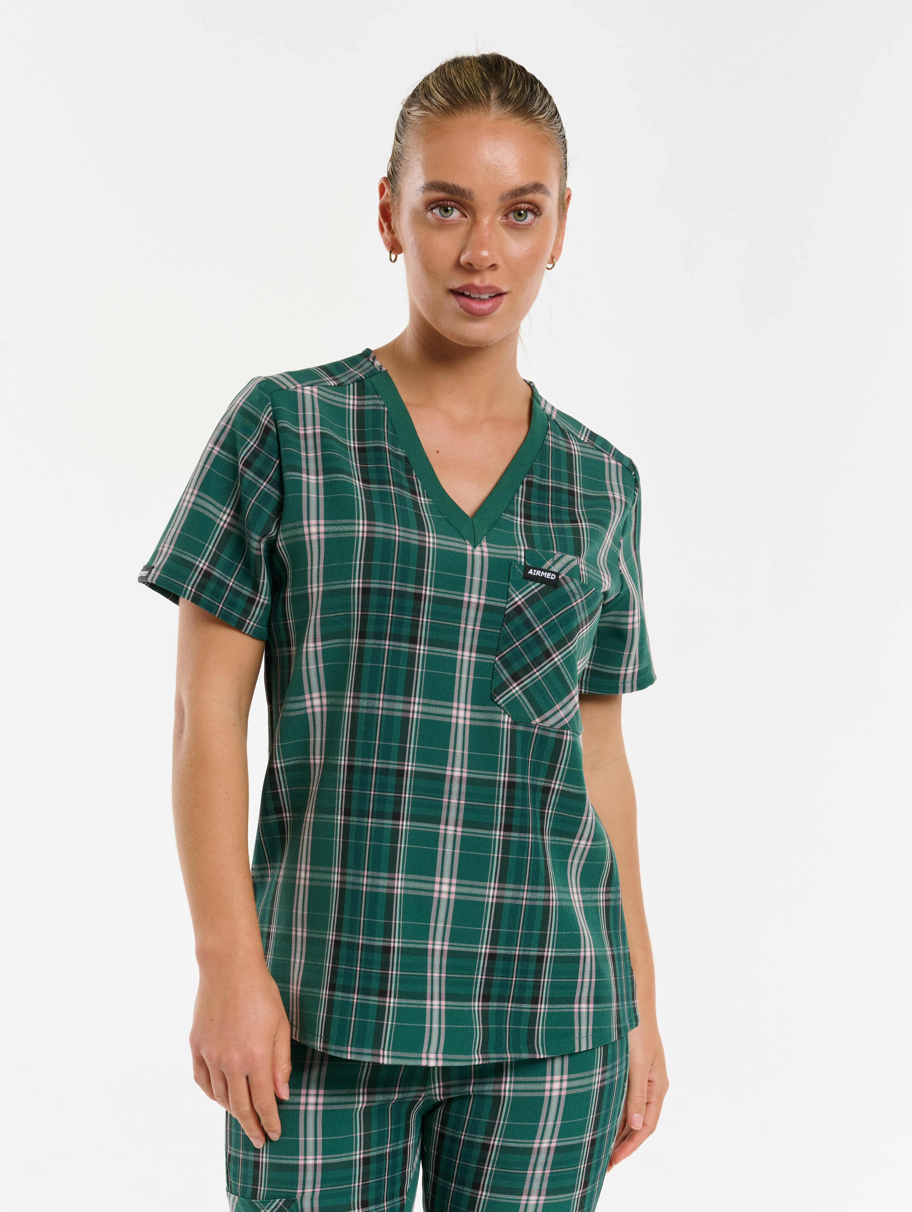 Essential One Pocket V Neck Scrub Top - Pink & Green Tartan