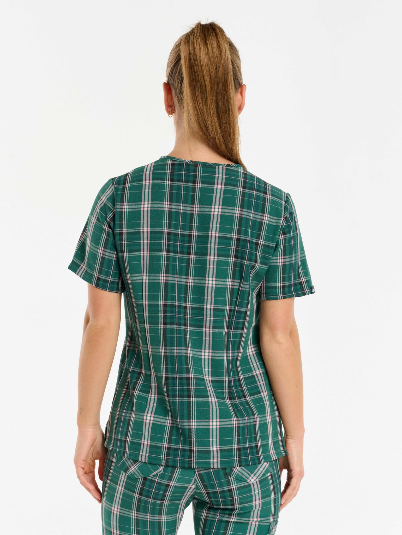 Essential One Pocket V Neck Scrub Top - Pink & Green Tartan
