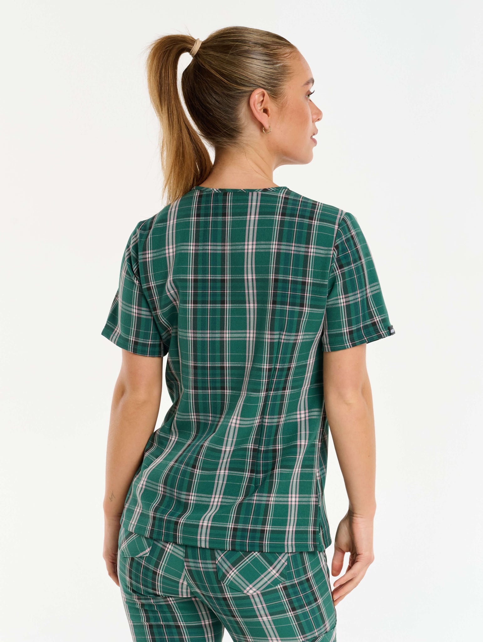 Essential One Pocket V Neck Scrub Top - Pink & Green Tartan