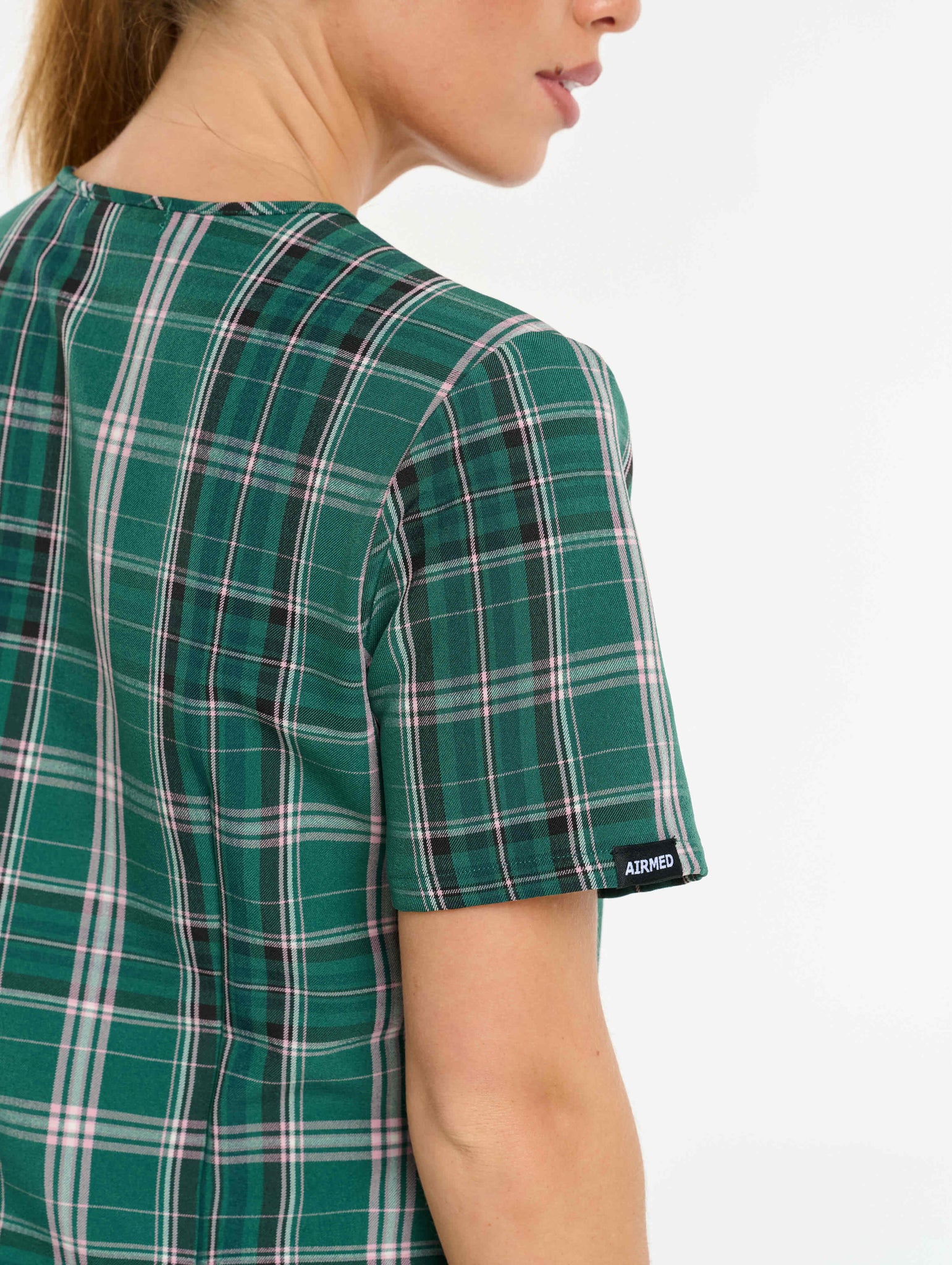 Essential One Pocket V Neck Scrub Top - Pink & Green Tartan