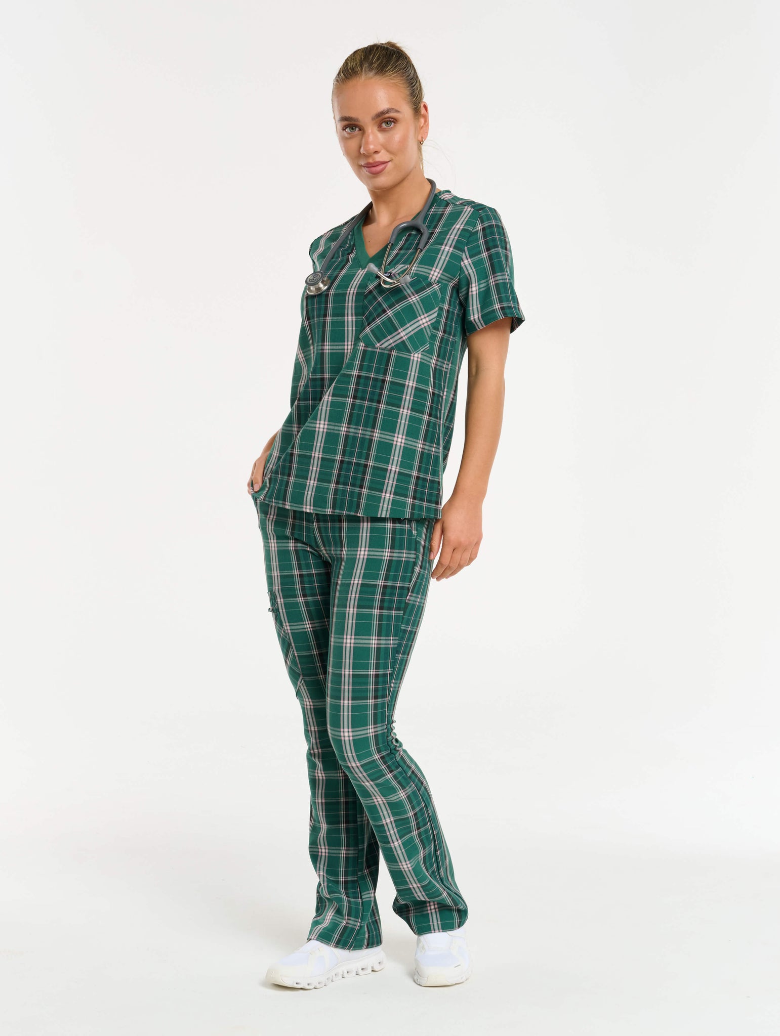 Essential One Pocket V Neck Scrub Top - Pink & Green Tartan
