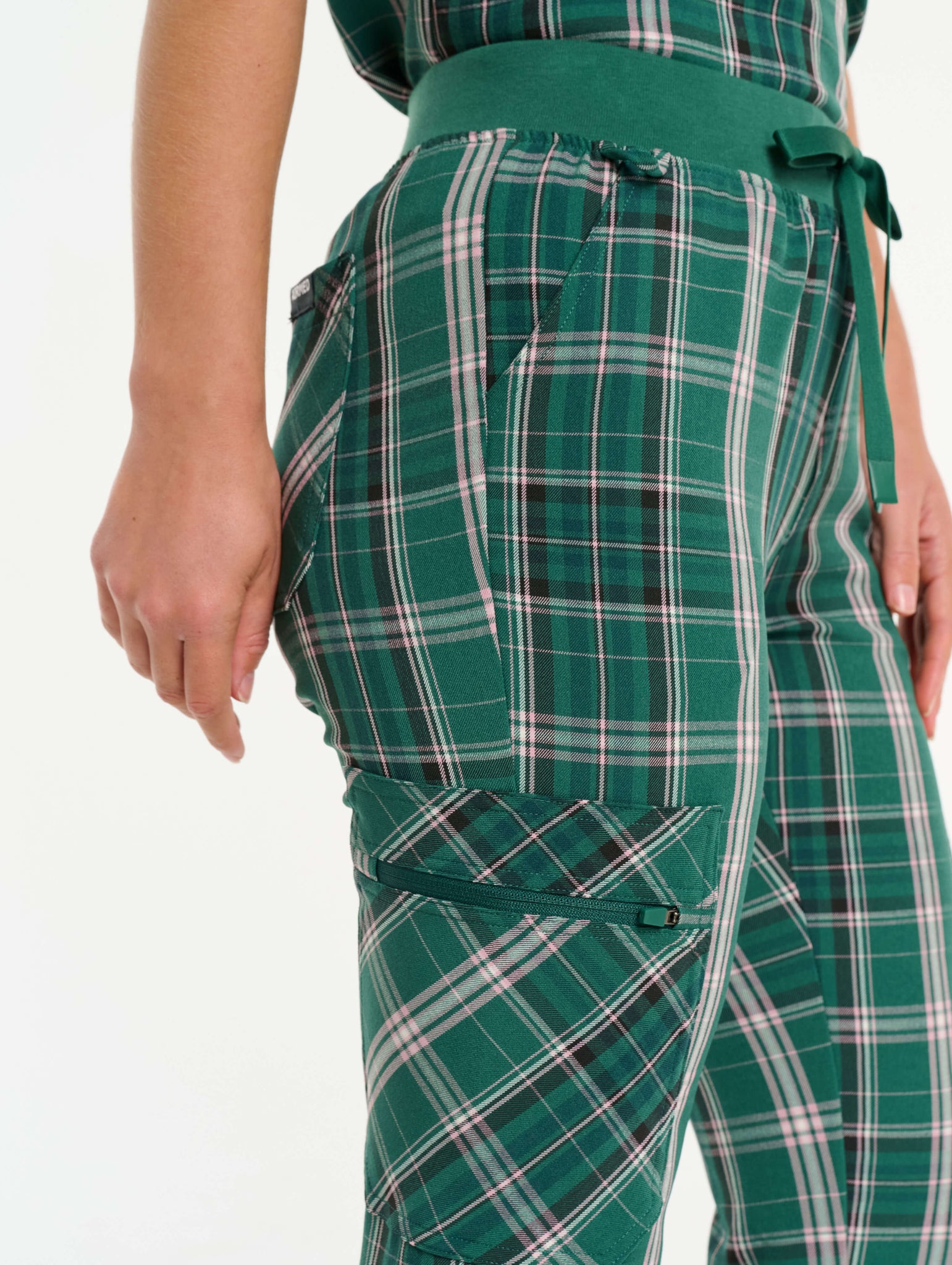 Essential Multi-Pocket Scrub Pants - Pink & Green Tartan