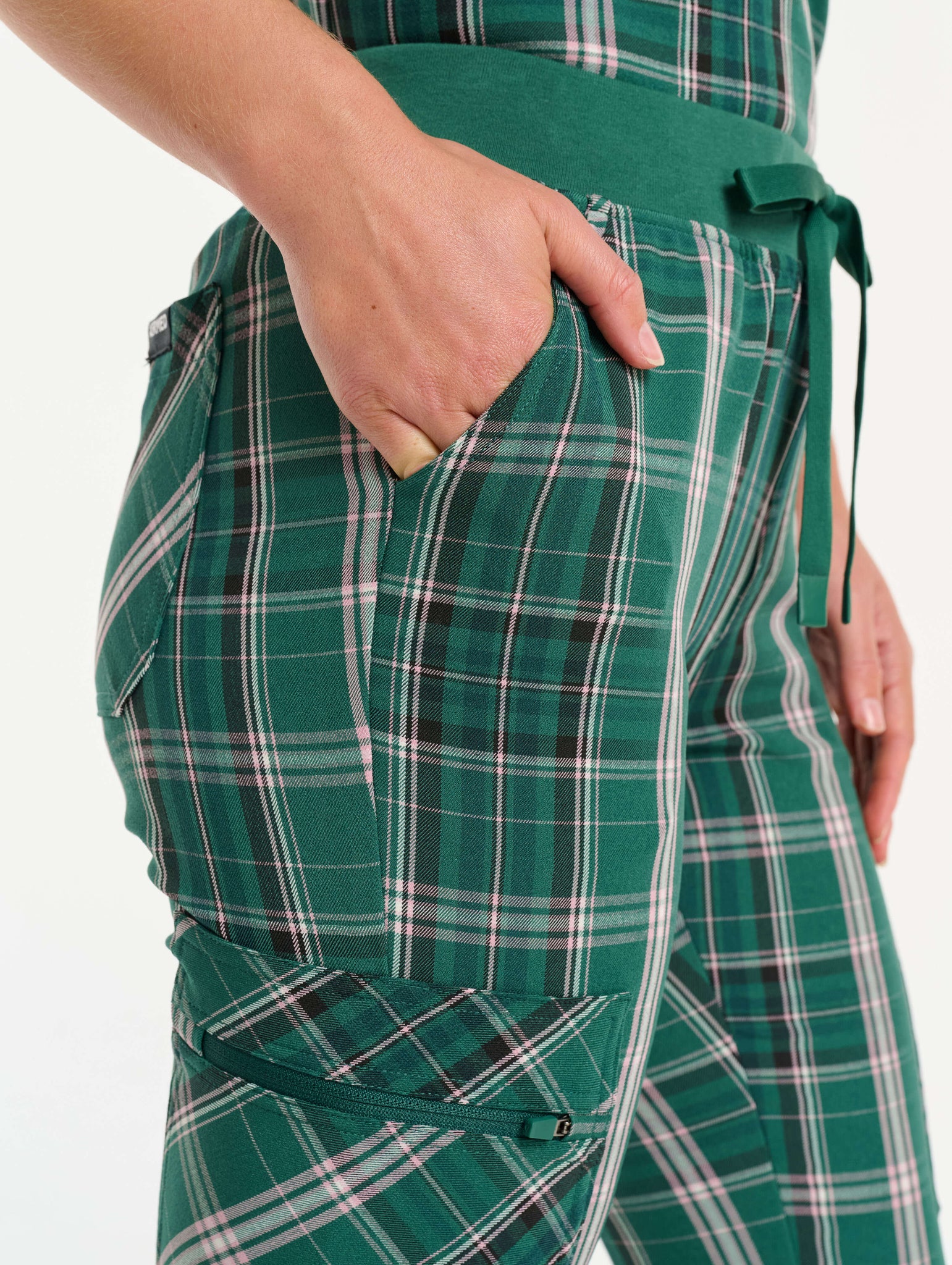 Essential Multi-Pocket Scrub Pants - Pink & Green Tartan