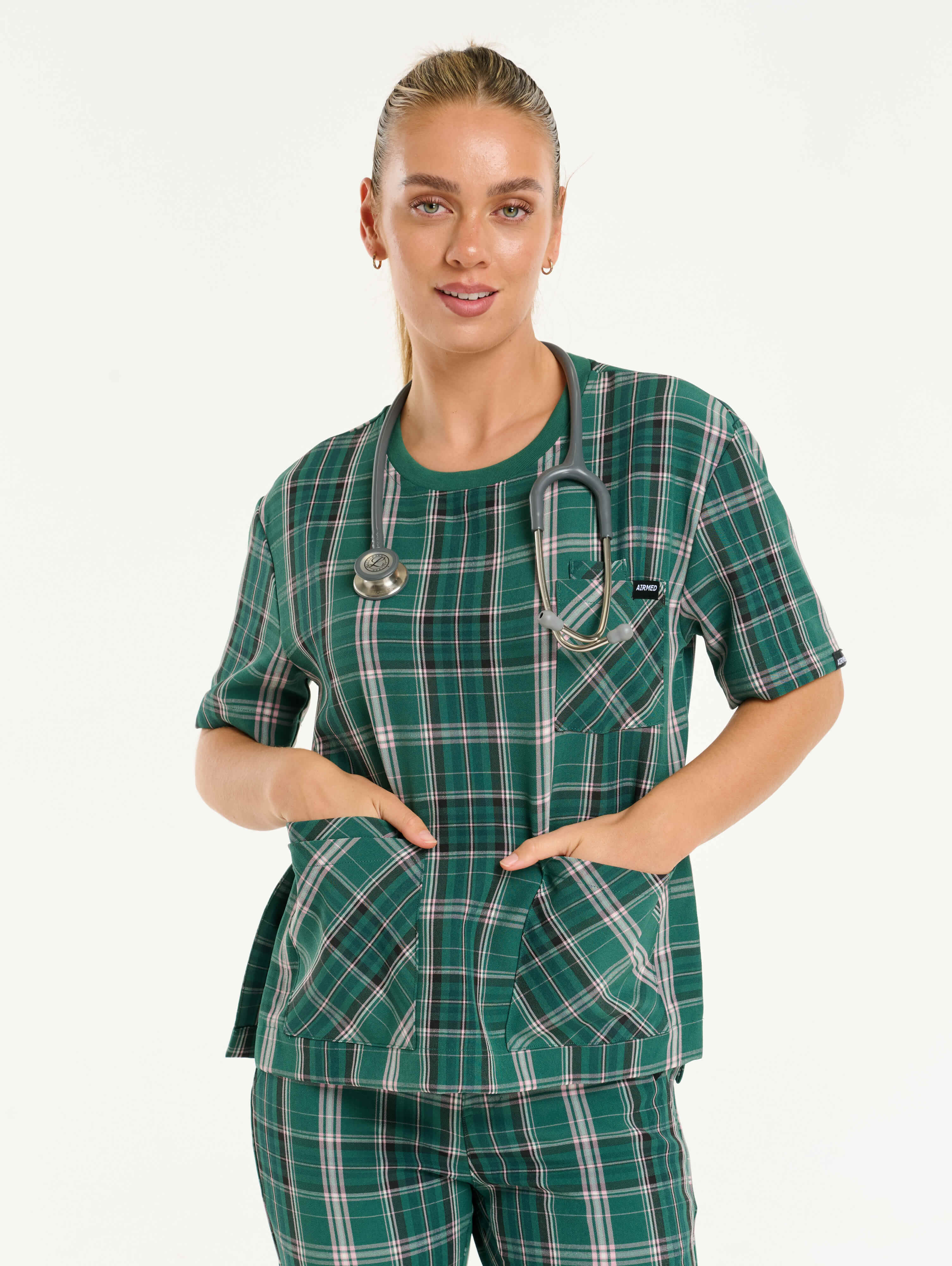 Essential Crewneck Scrub Top - Pink & Green Tartan