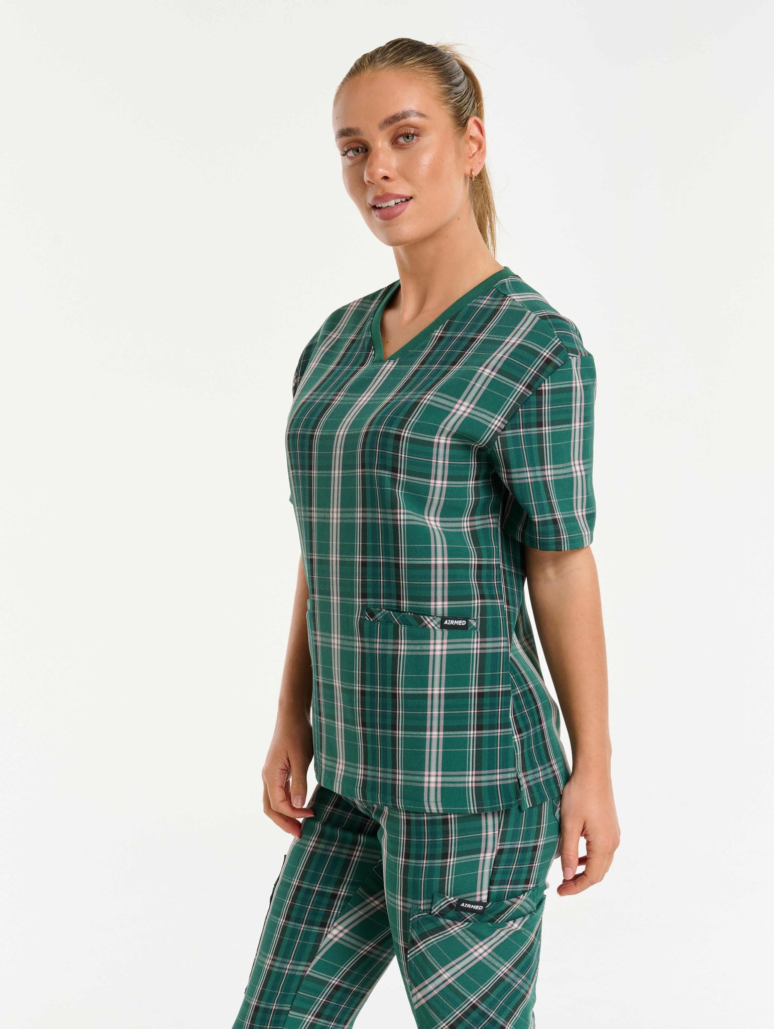 Essential V Neck Scrub Top - Pink & Green Tartan